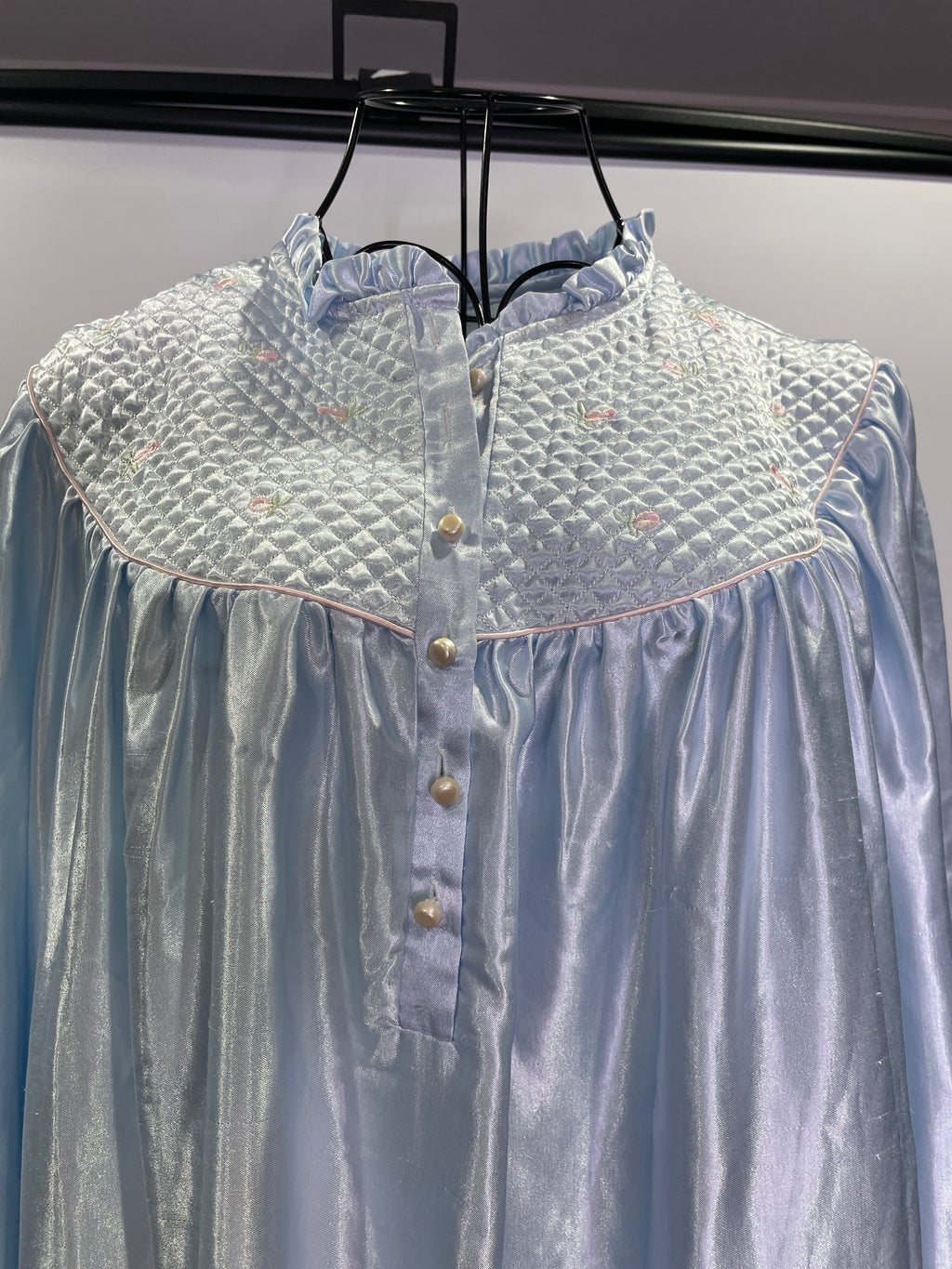 Vintage Baby Blue Satin Robe with Pink Floral Print