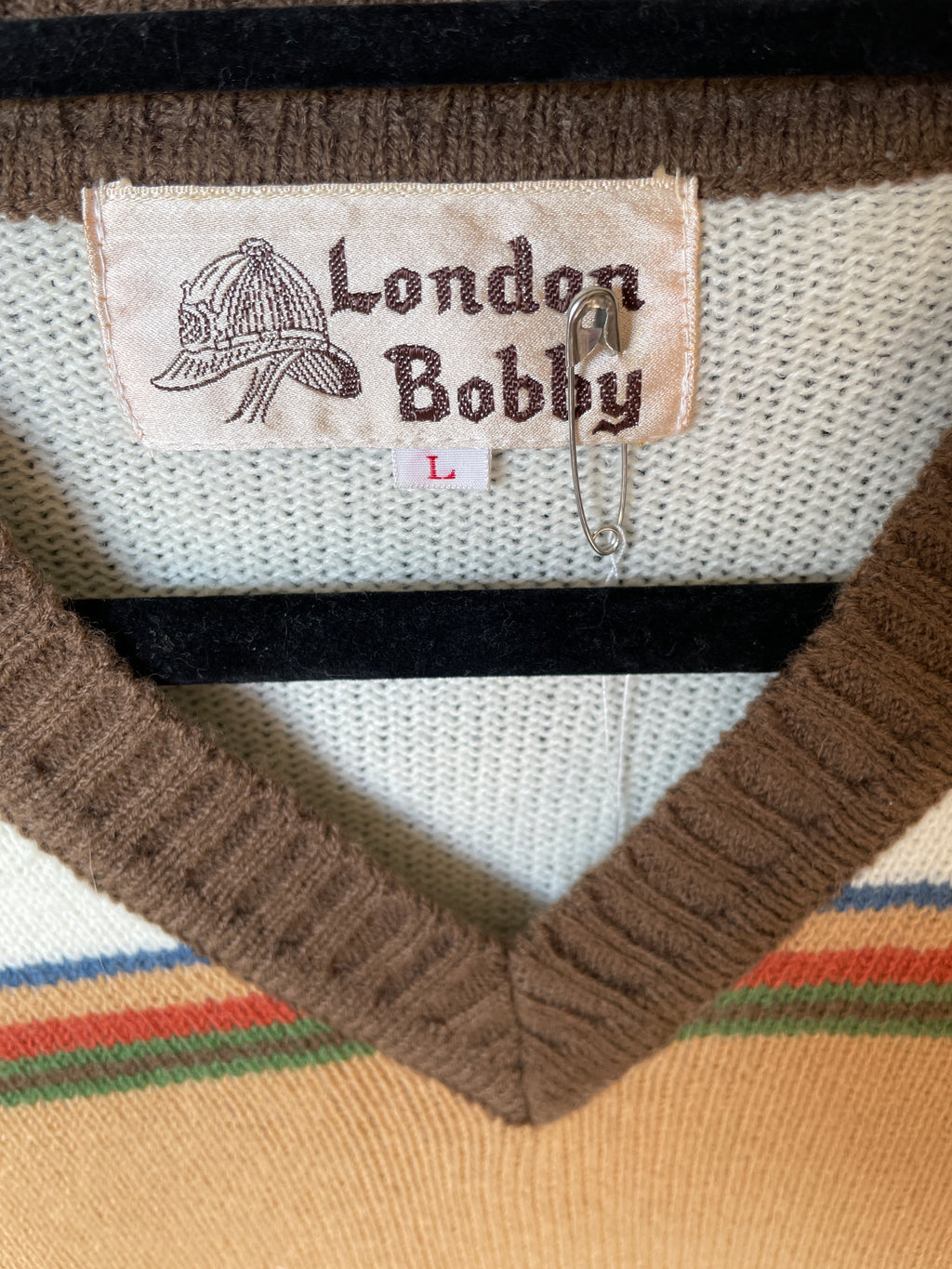 Men’s Vintage London Bobby Knit Sweater - Striped V-Neck Size L