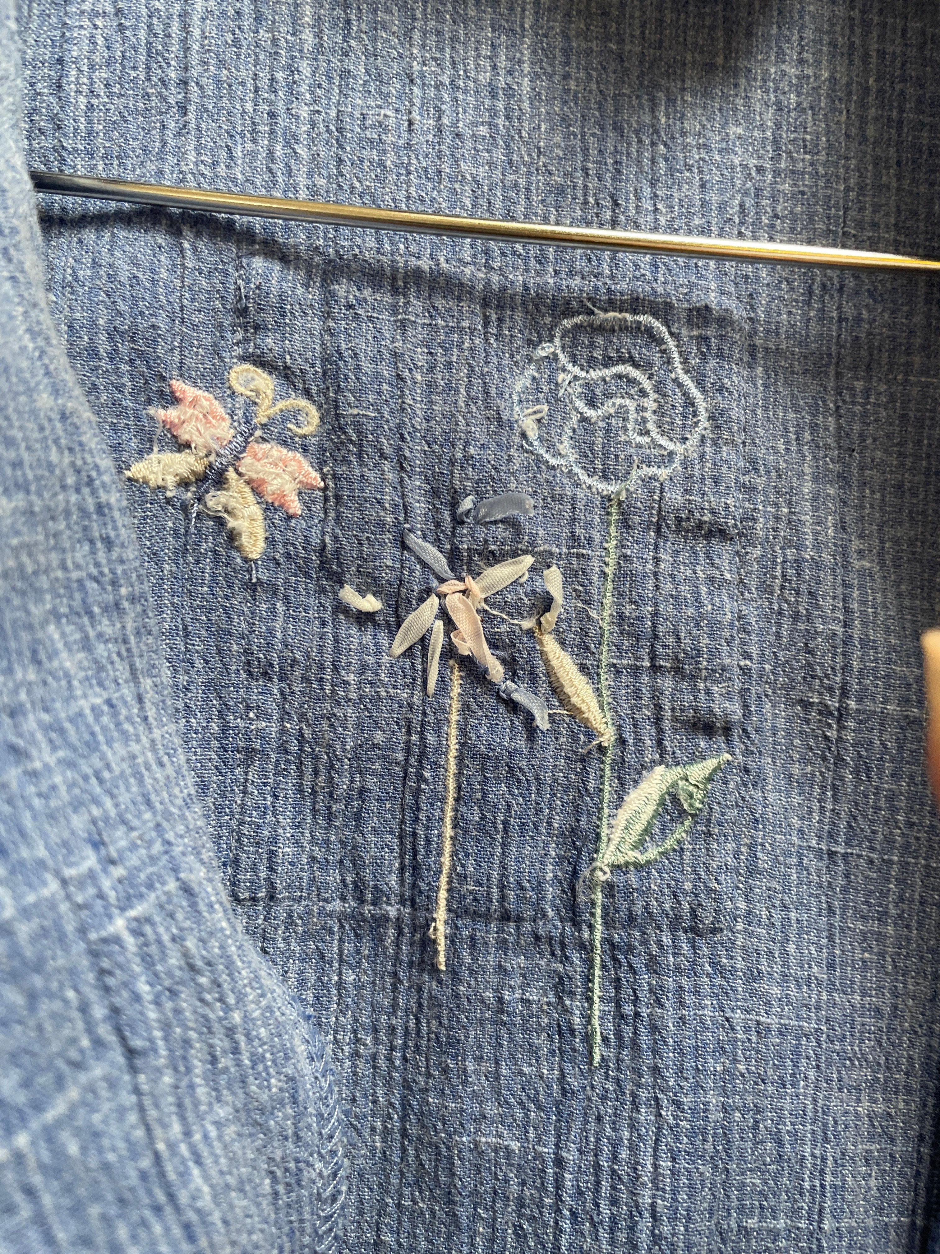 Vintage Koret City Blues Embroidered Denim Shirt - Butterfly Floral with Plaid Detail - Size Medium