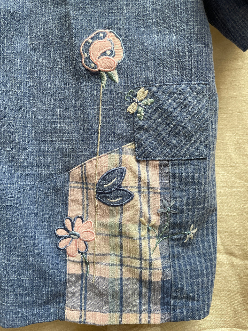 Vintage Koret City Blues Embroidered Denim Shirt - Butterfly Floral with Plaid Detail - Size Medium