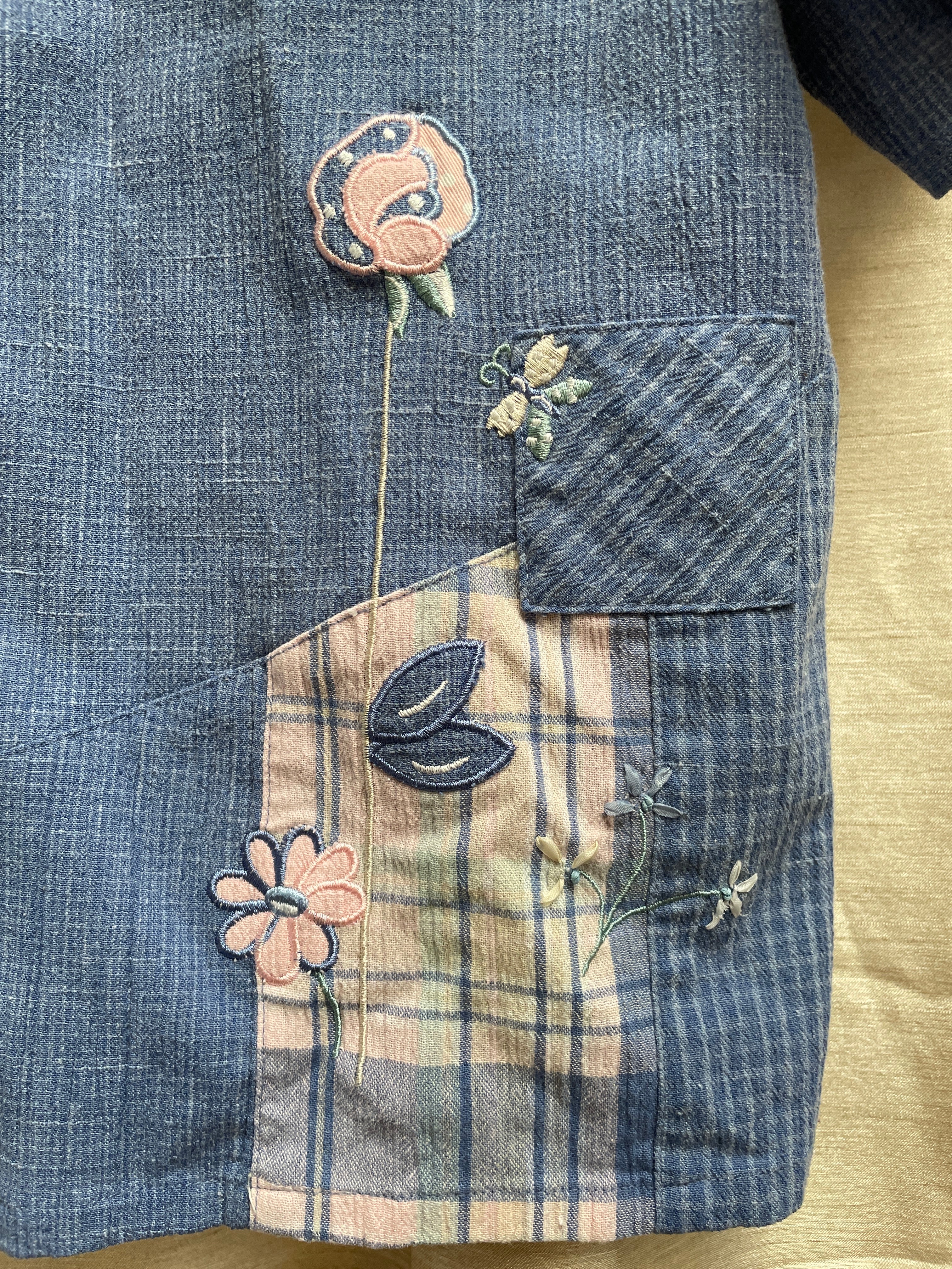 Vintage Koret City Blues Embroidered Denim Shirt - Butterfly Floral with Plaid Detail - Size Medium