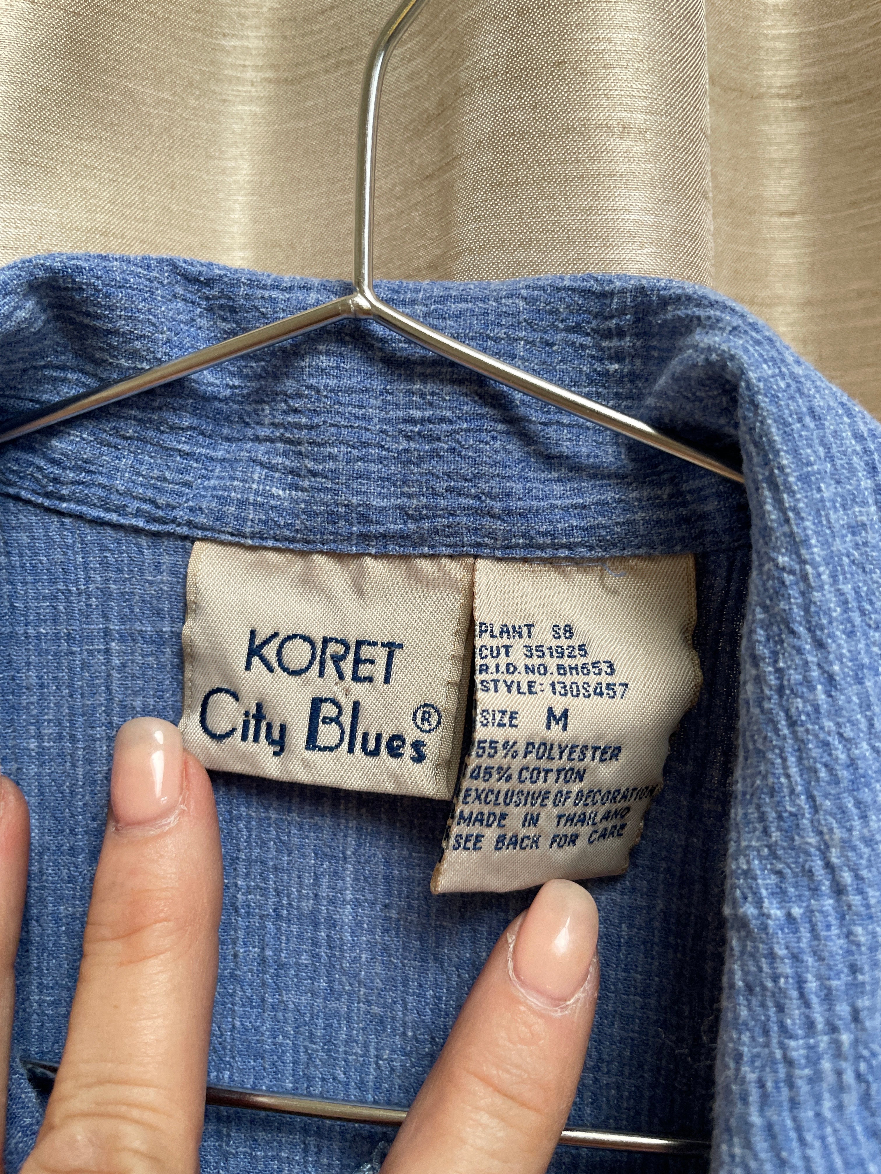 Vintage Koret City Blues Embroidered Denim Shirt - Butterfly Floral with Plaid Detail - Size Medium