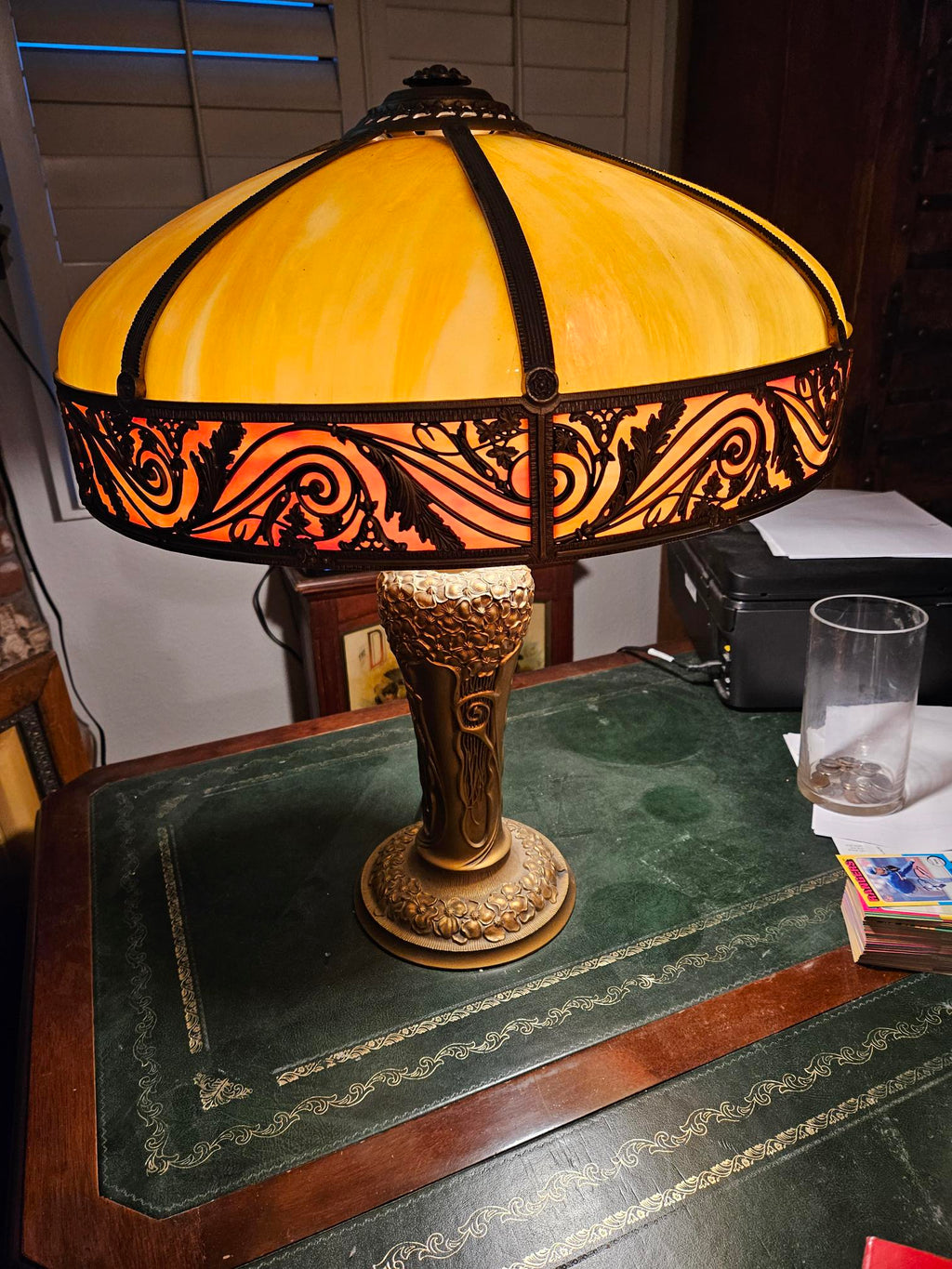 Vintage Charles Parker Art Nouveau Slag Glass Table Lamp 1910