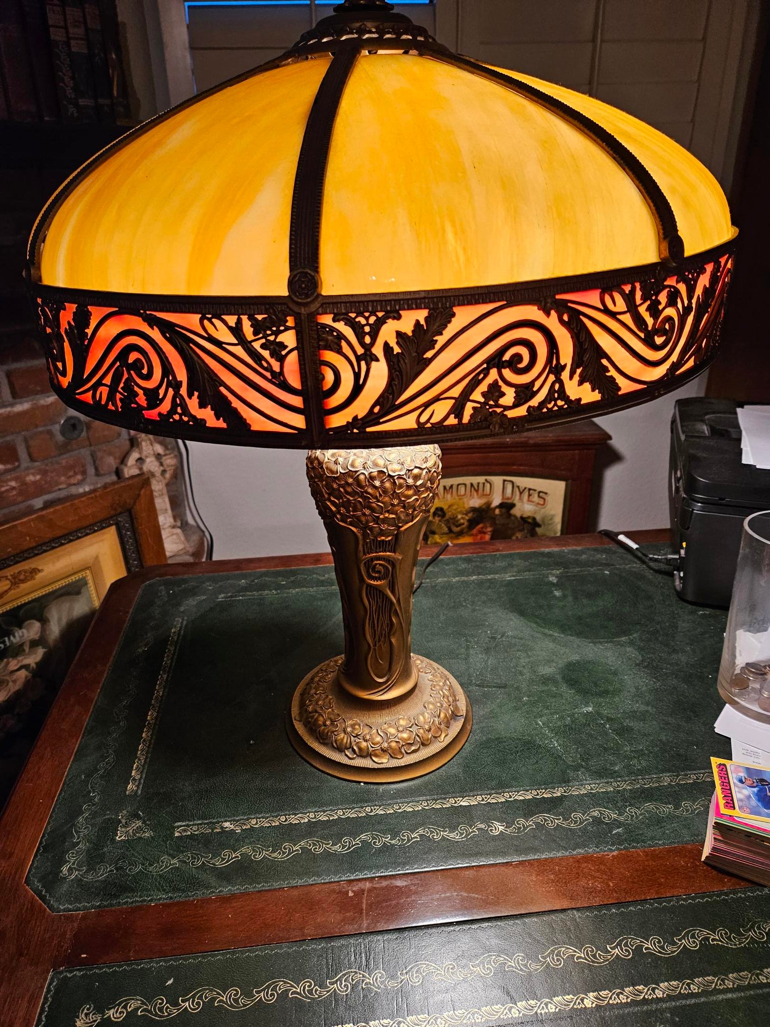 Vintage Charles Parker Art Nouveau Slag Glass Table Lamp 1910