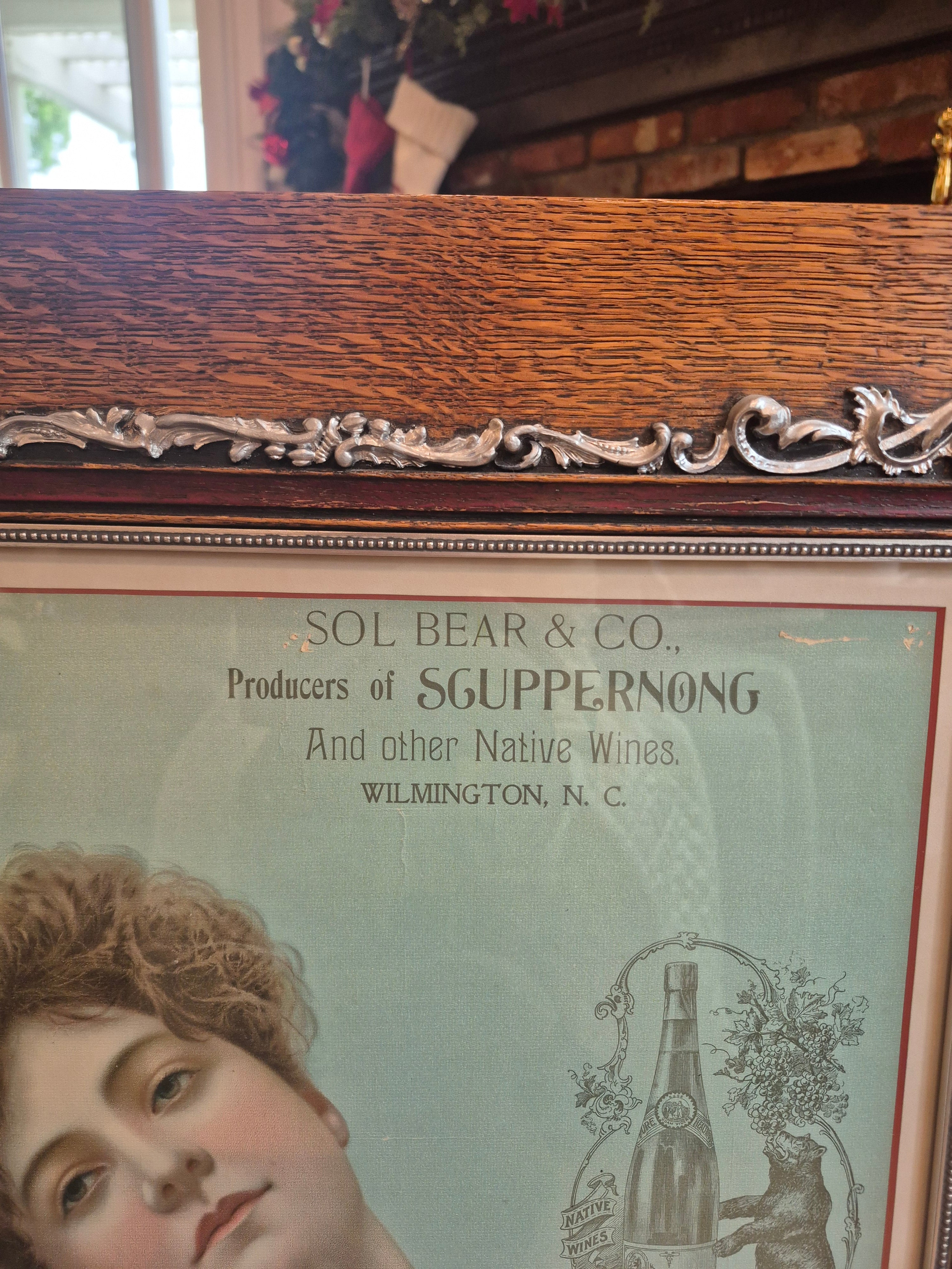 Sol Bear & Co Lithograph Advertisement cir 1900s Scuppernong wines Original Framed