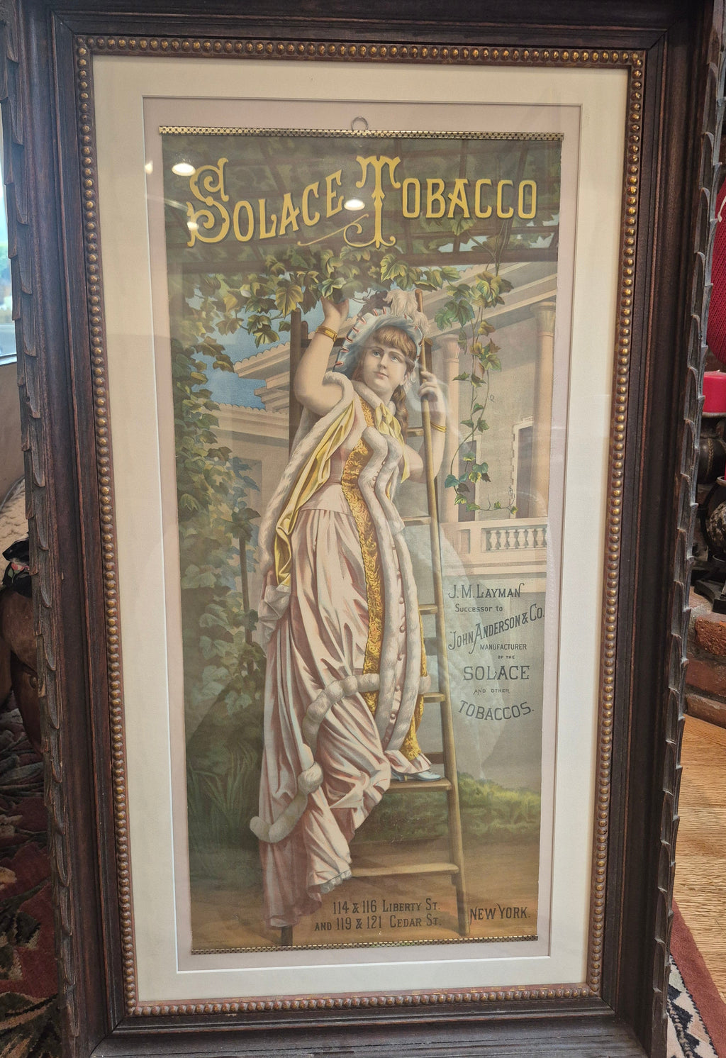 Solace Tobacco victorian original Lithograph 1884 framed advertisement