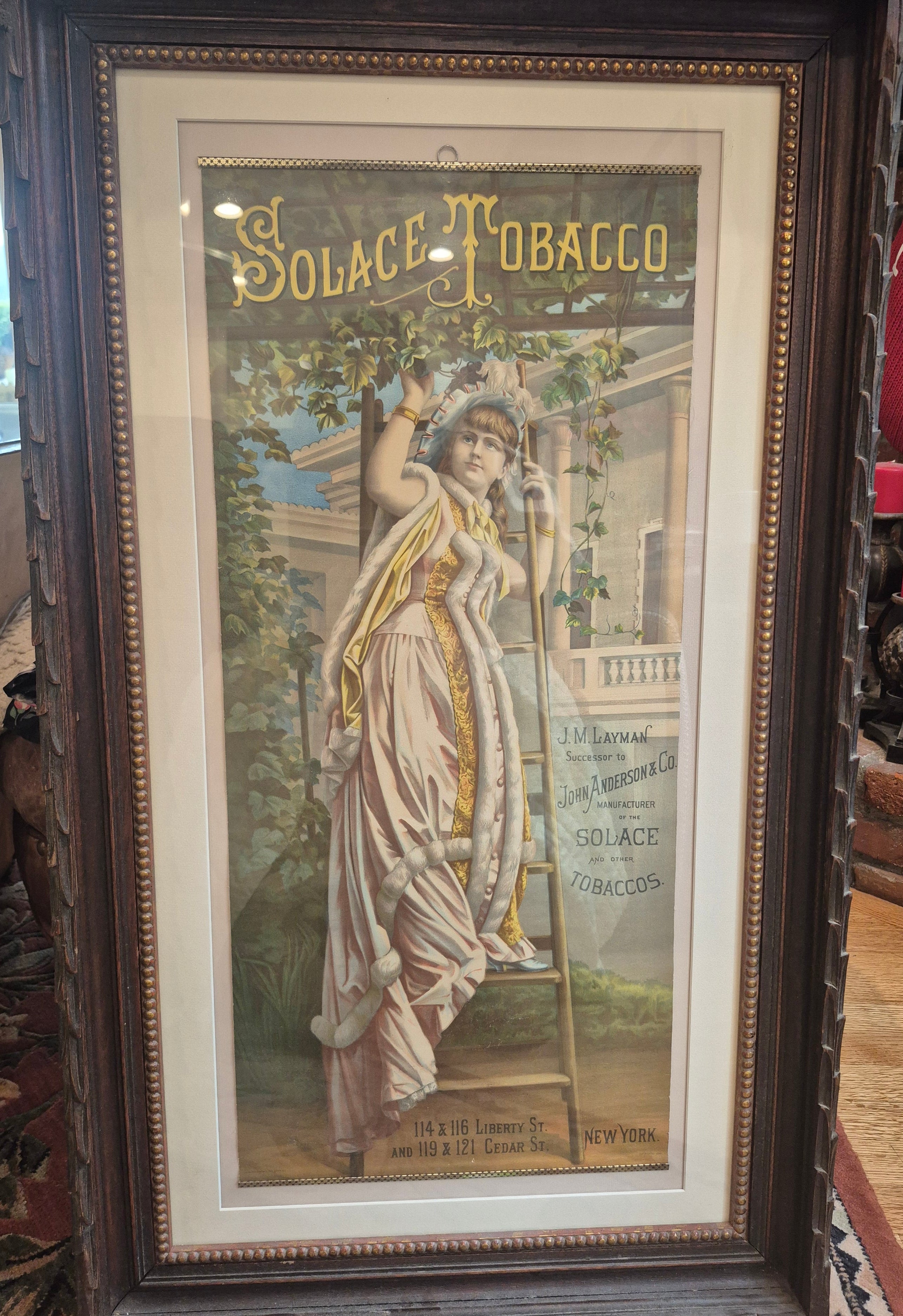 Solace Tobacco victorian original Lithograph 1884 framed advertisement