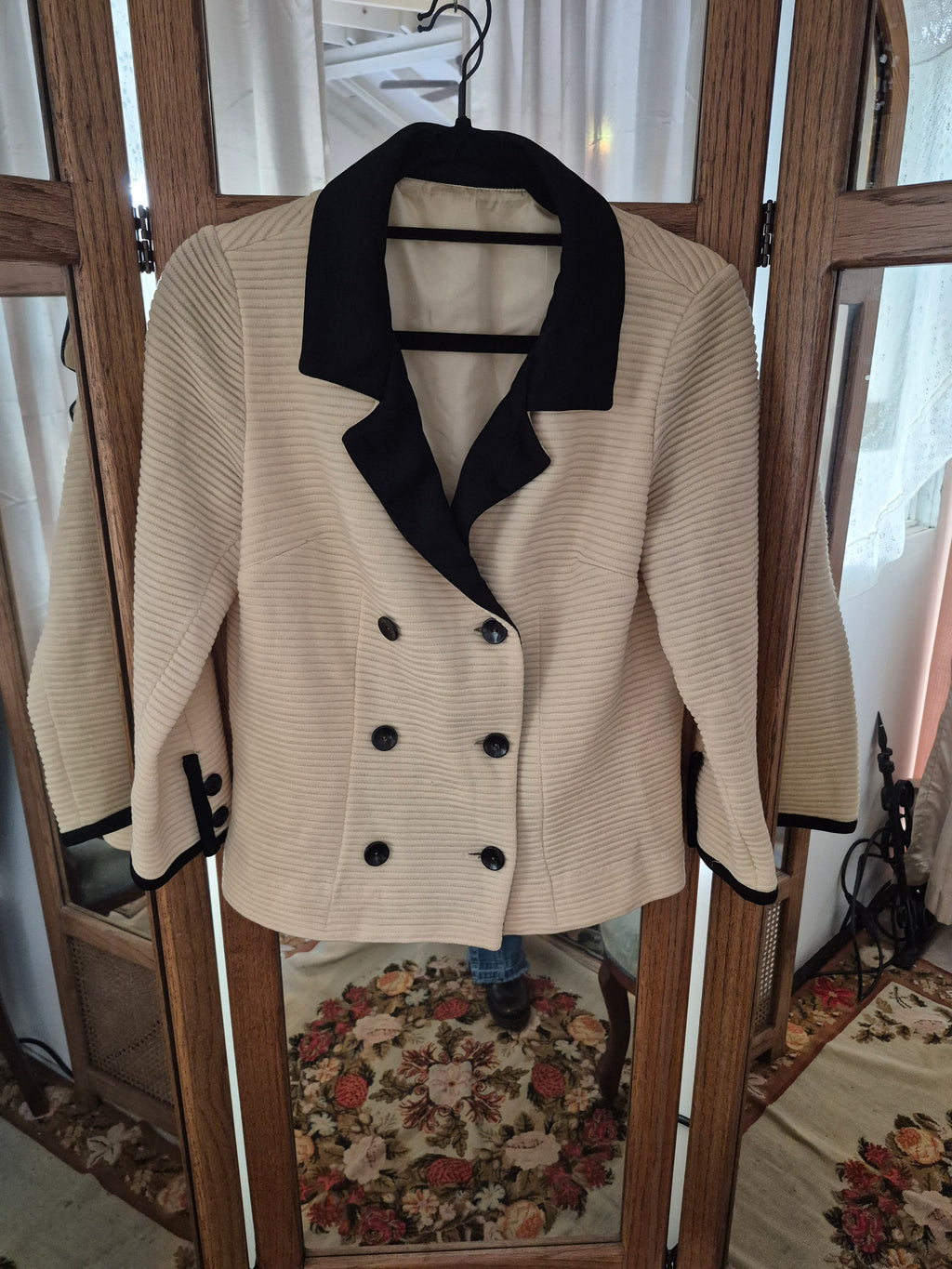 Vintage 1960s Camelon Knit Jacket - Cream & Black Double-Breasted Blazer