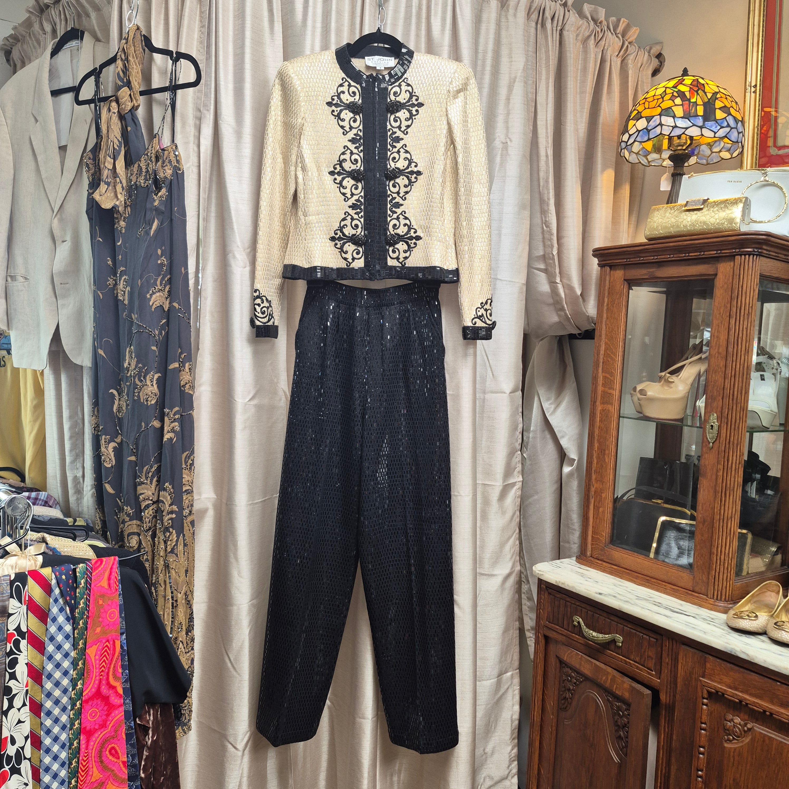 St. John Vintage 1990s Cream and Black Sequin Evening Pants Suit