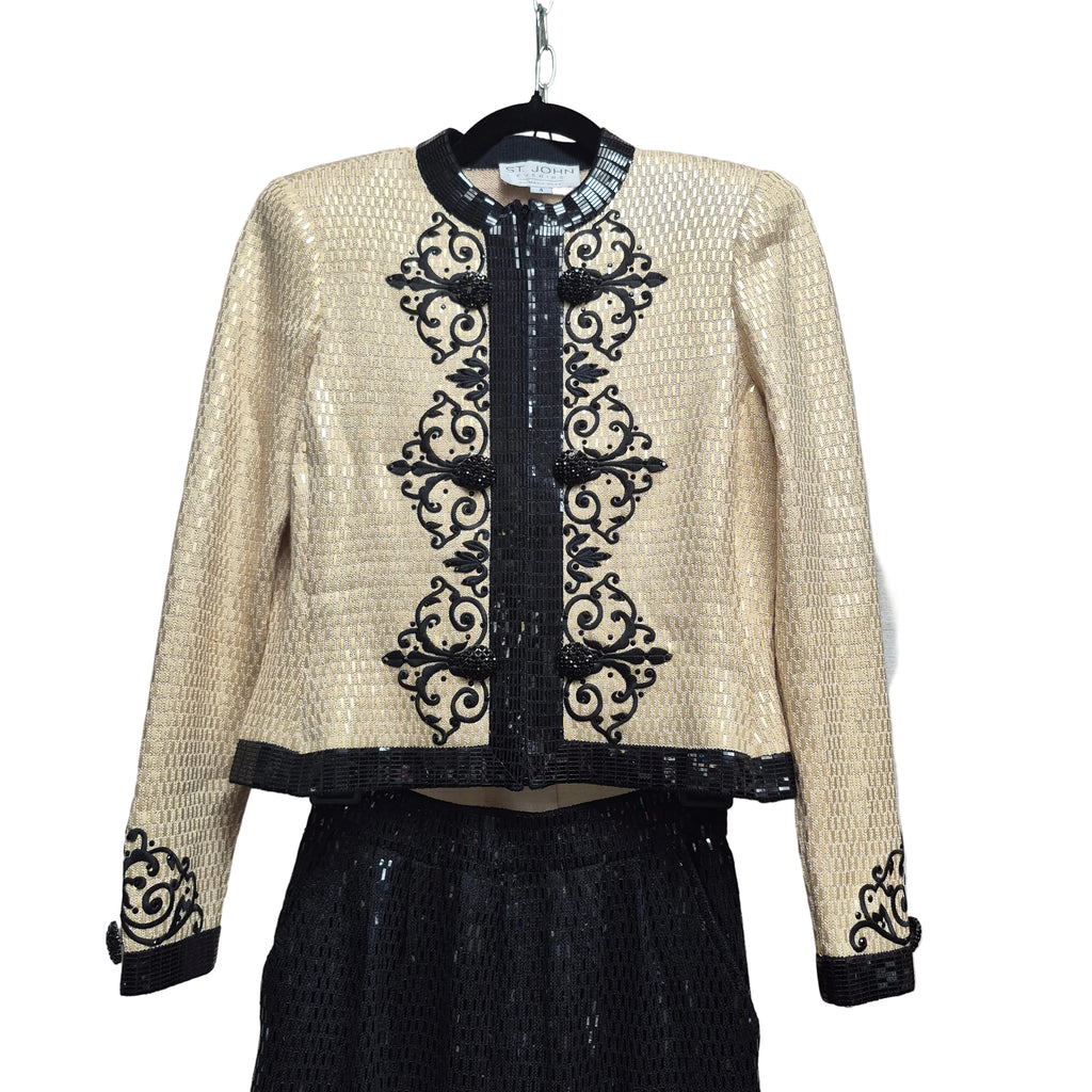 St. John Vintage 1990s Cream and Black Sequin Evening Pants Suit