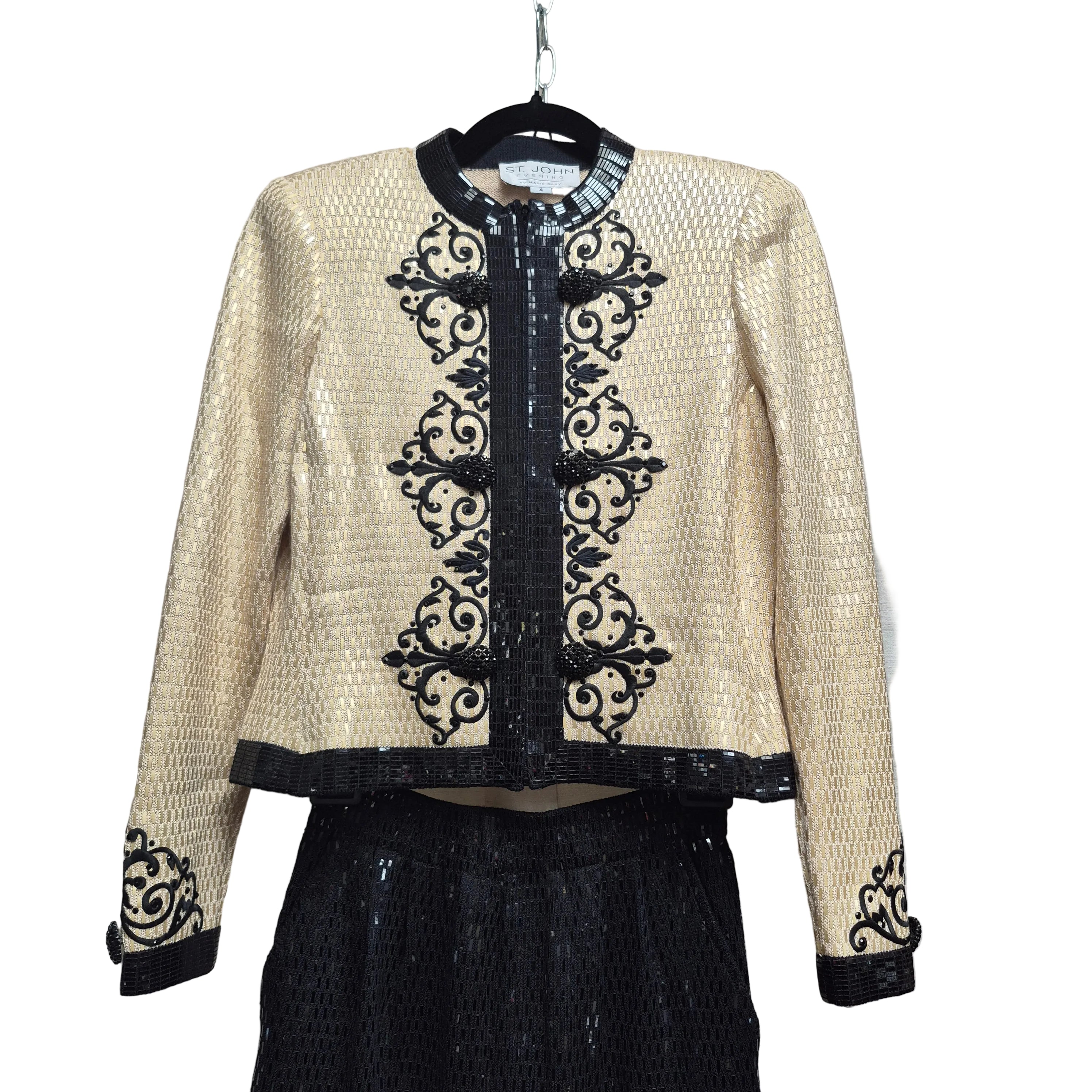 St. John Vintage 1990s Cream and Black Sequin Evening Pants Suit