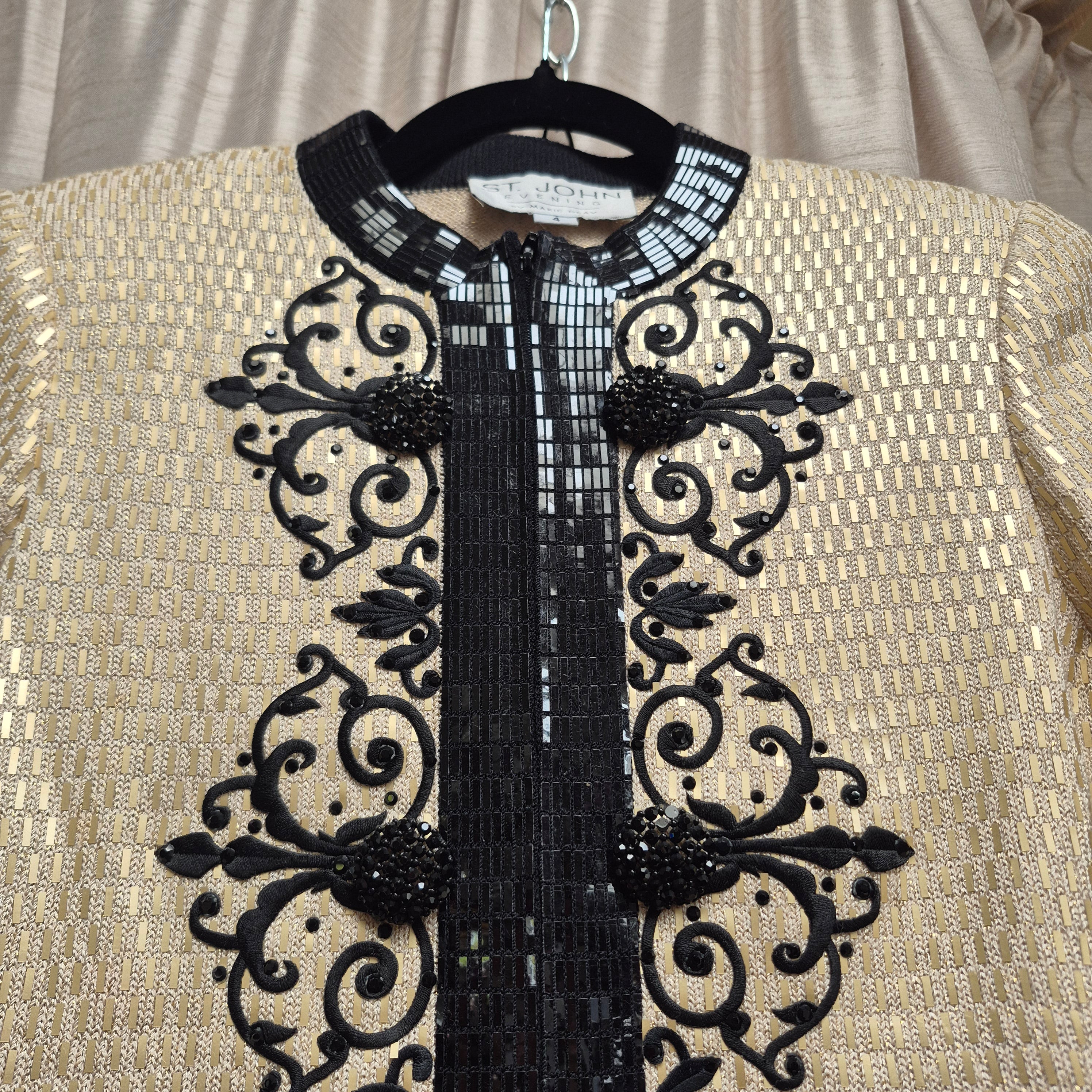 St. John Vintage 1990s Cream and Black Sequin Evening Pants Suit