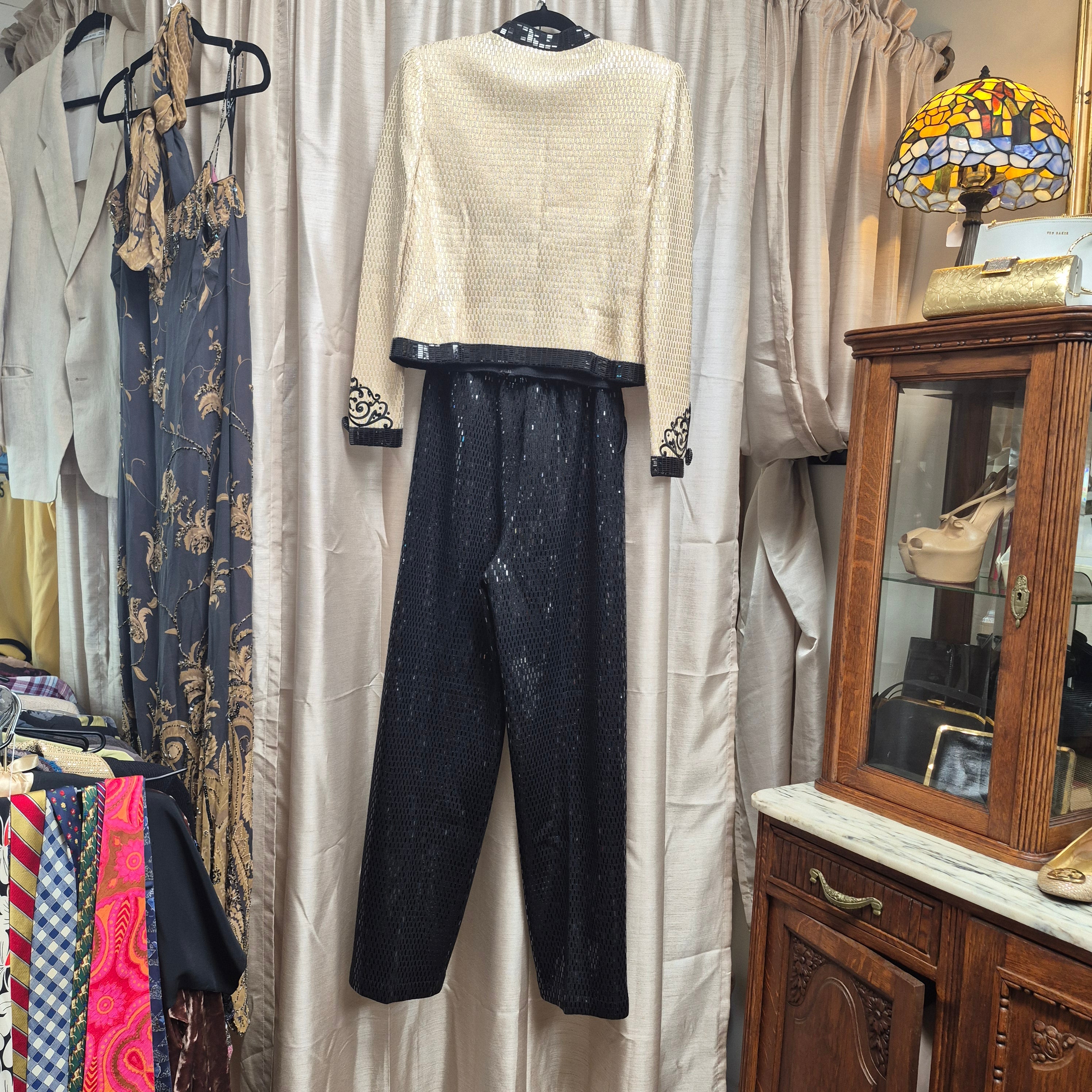 St. John Vintage 1990s Cream and Black Sequin Evening Pants Suit