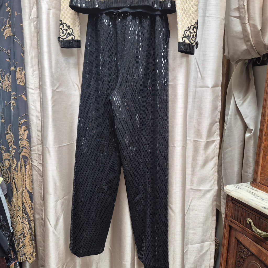 St. John Vintage 1990s Cream and Black Sequin Evening Pants Suit