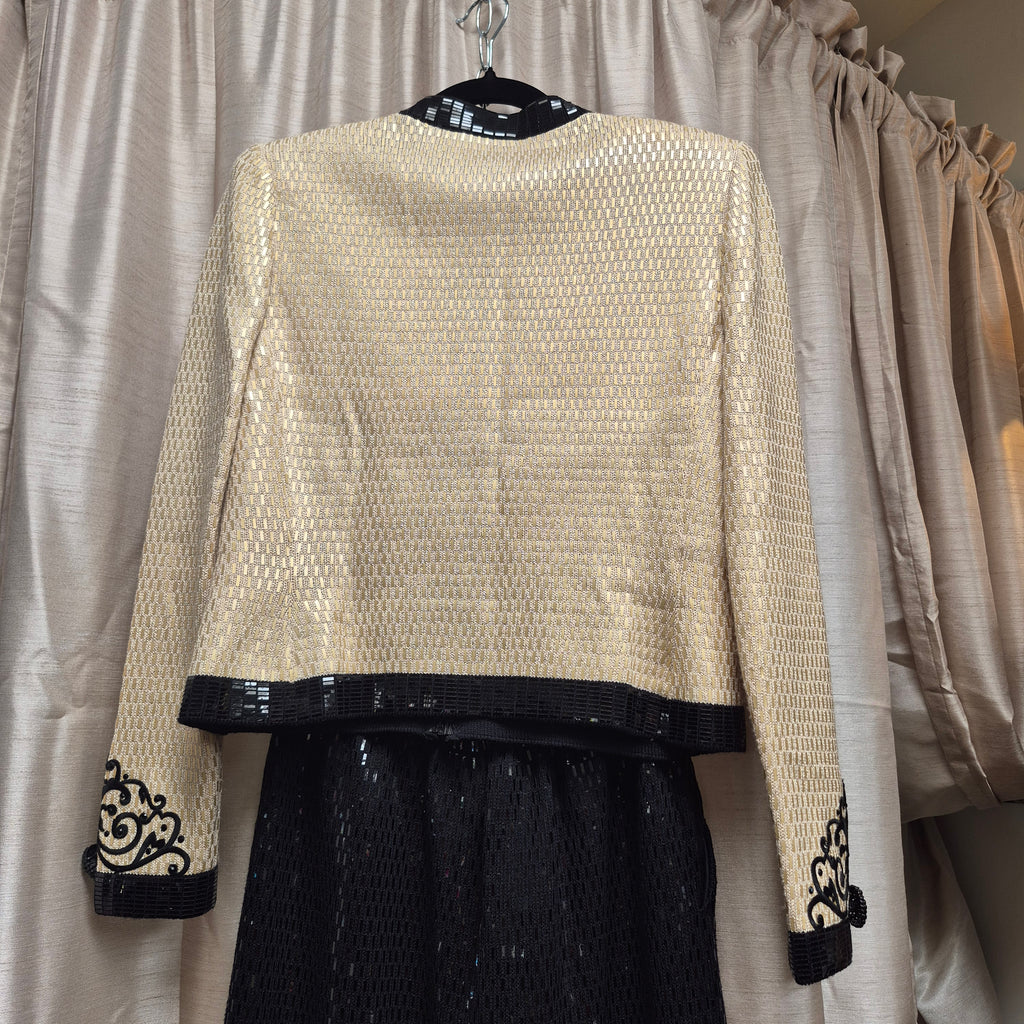St. John Vintage 1990s Cream and Black Sequin Evening Pants Suit