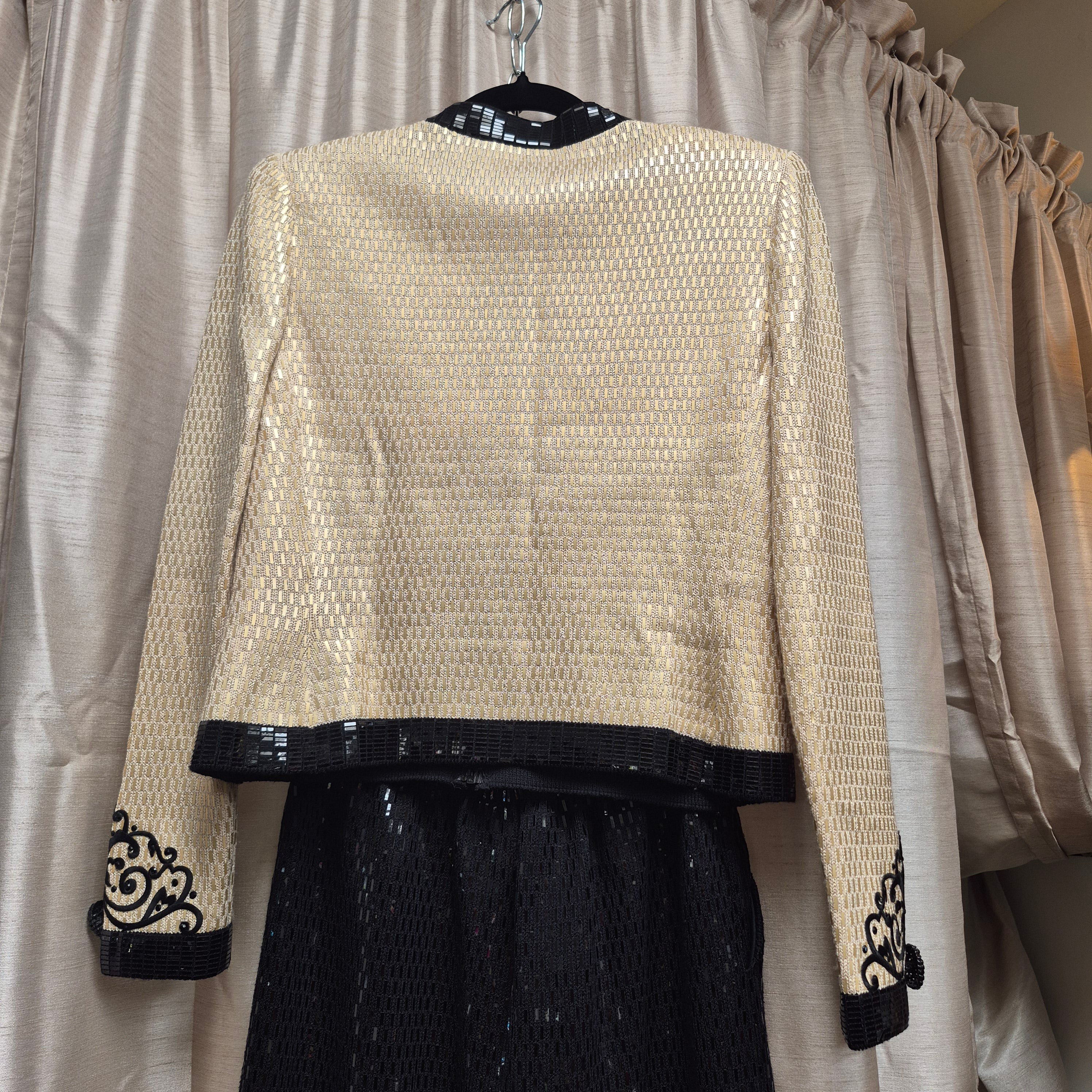 St. John Vintage 1990s Cream and Black Sequin Evening Pants Suit