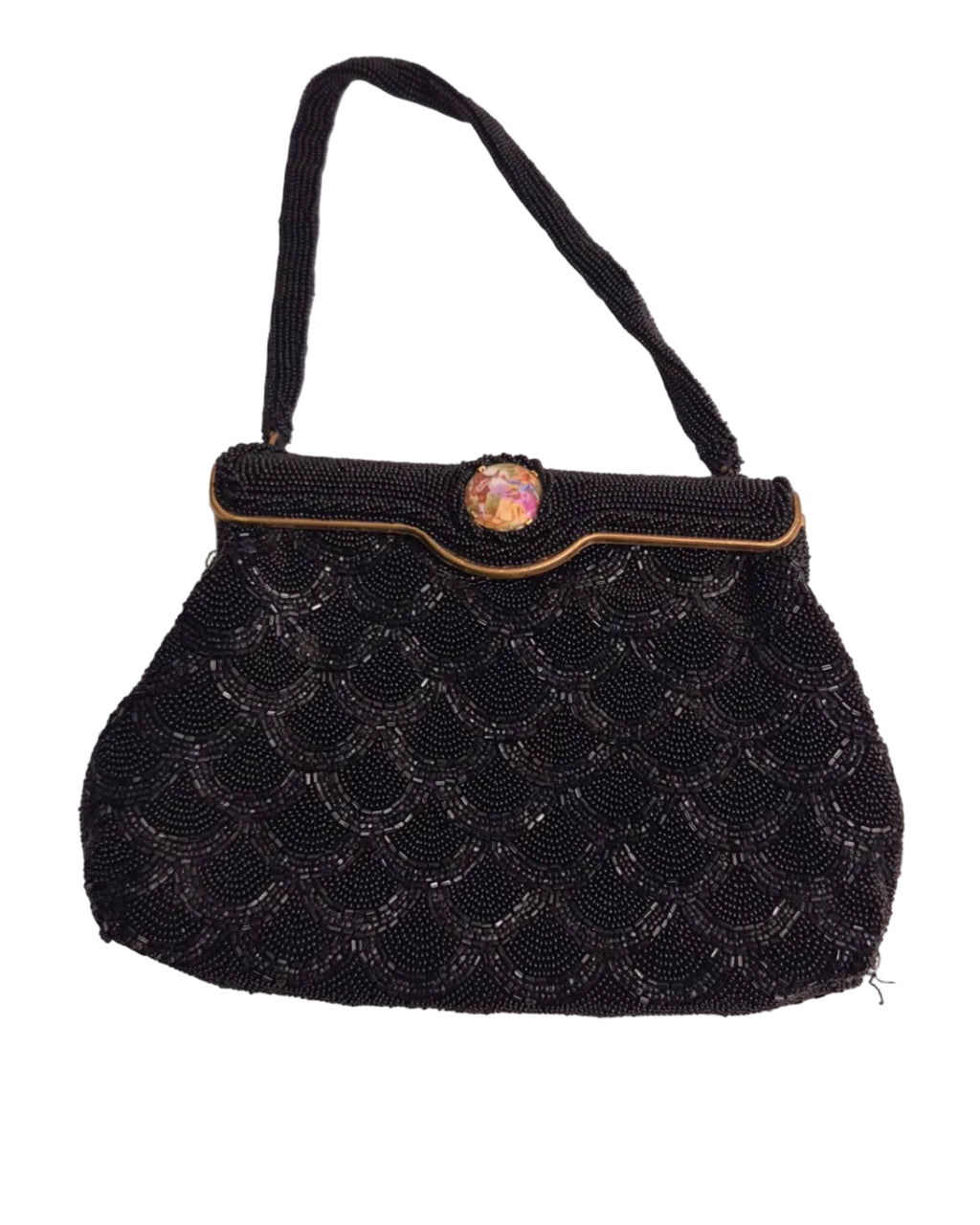 Vintage by Carry made in France Black Beaded Evening Bag gold courting clasp