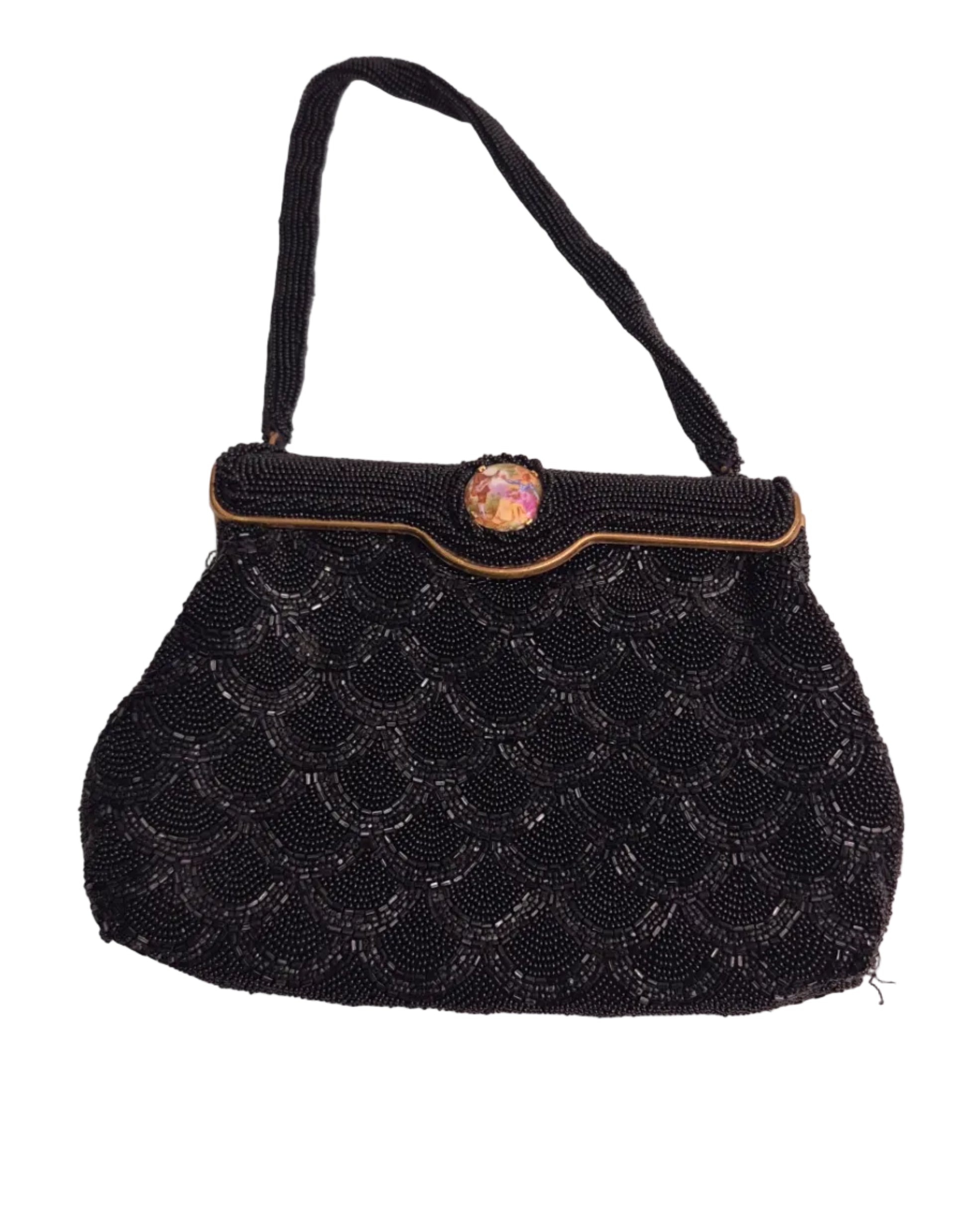 Vintage Carry France Black Beaded Evening Bag gold clasp