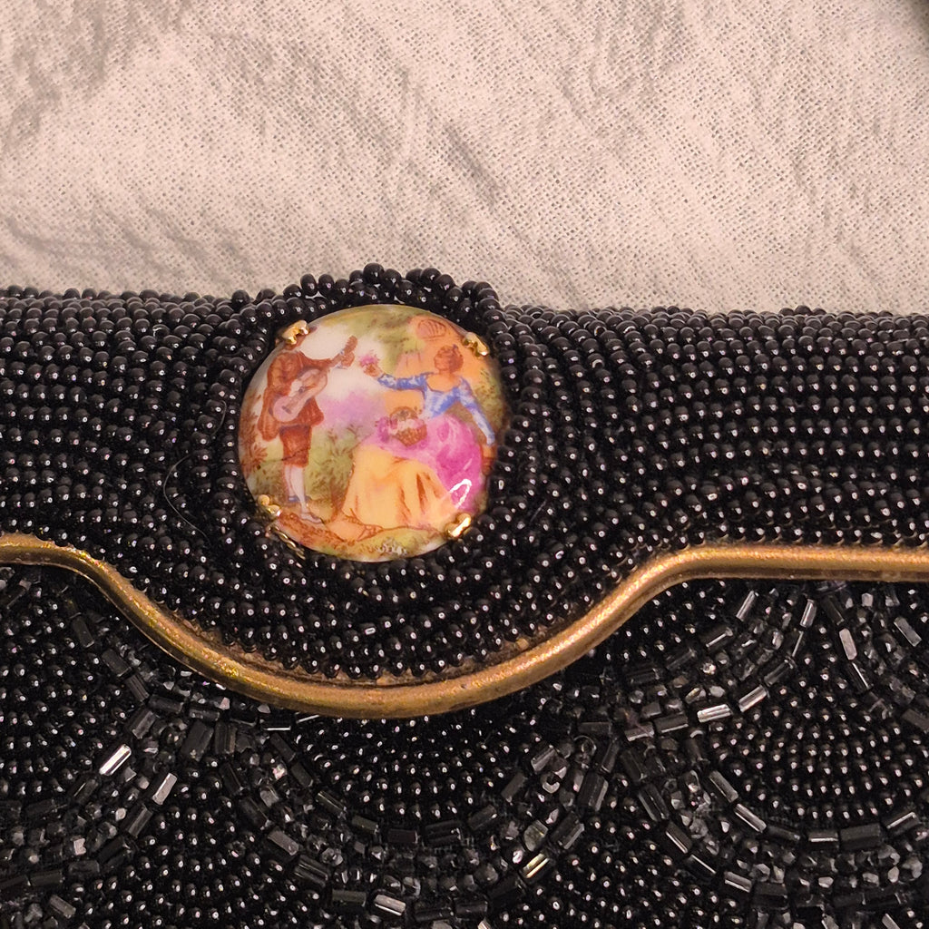 Vintage by Carry made in France Black Beaded Evening Bag gold courting clasp