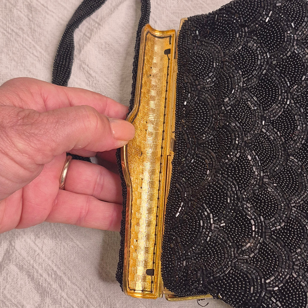 Vintage by Carry made in France Black Beaded Evening Bag gold courting clasp
