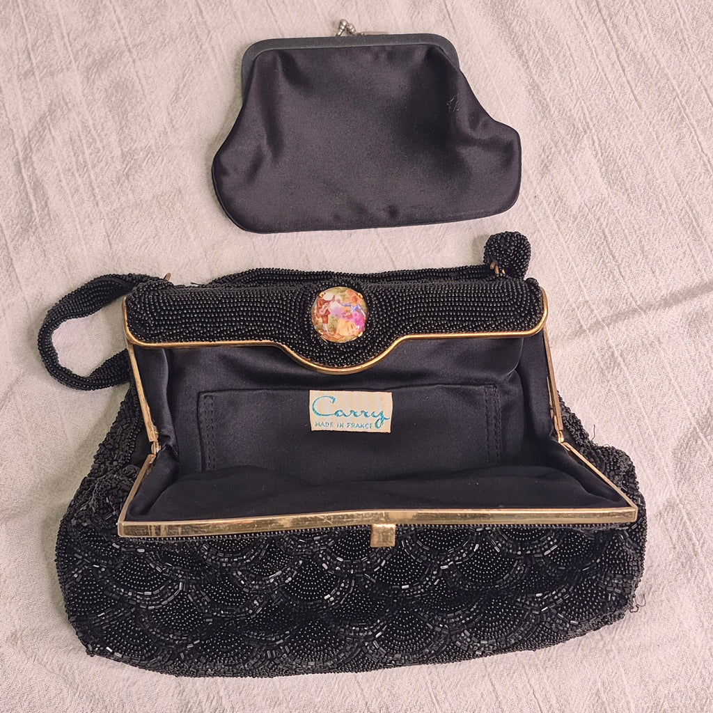 Vintage by Carry made in France Black Beaded Evening Bag gold courting clasp