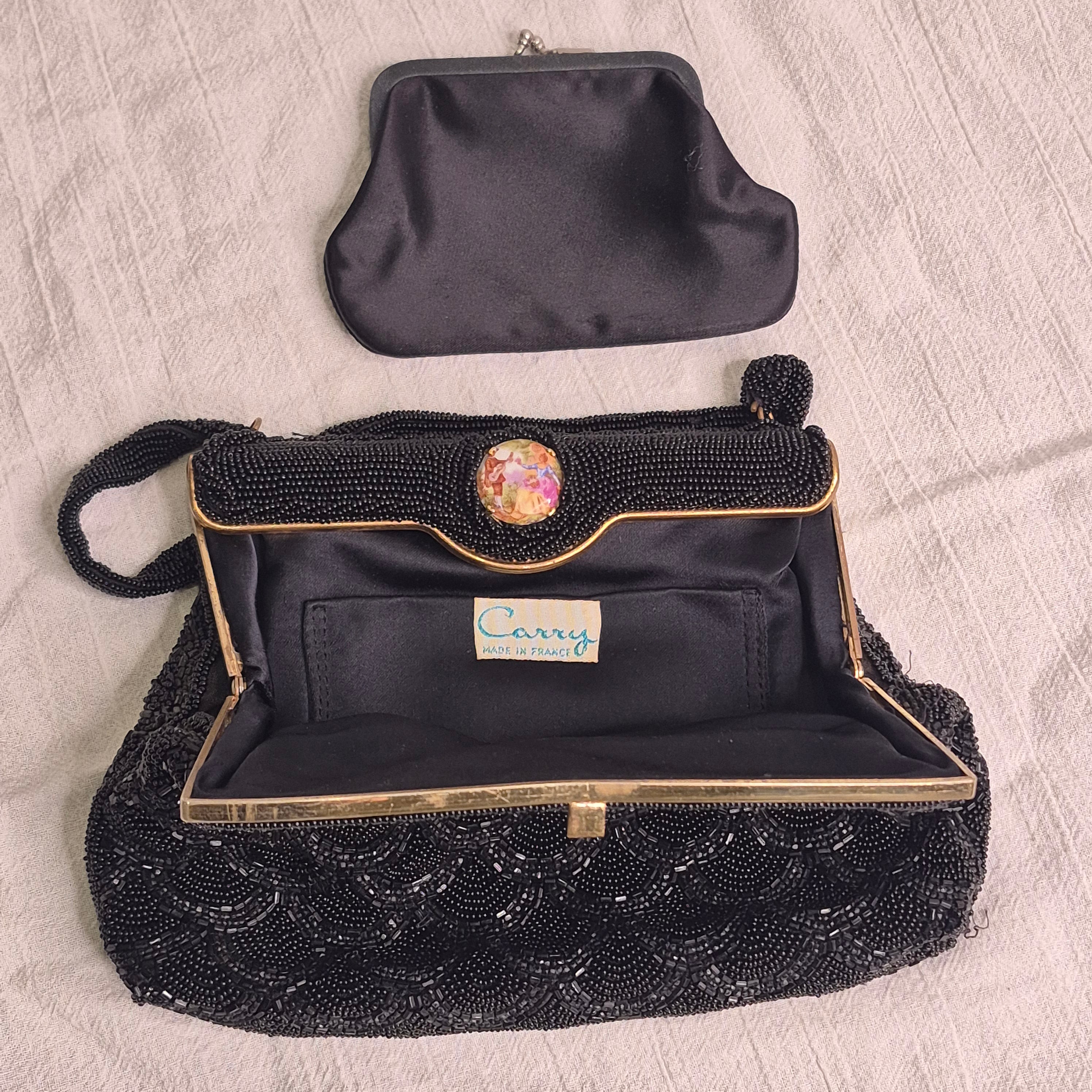 Vintage by Carry made in France Black Beaded Evening Bag gold courting clasp