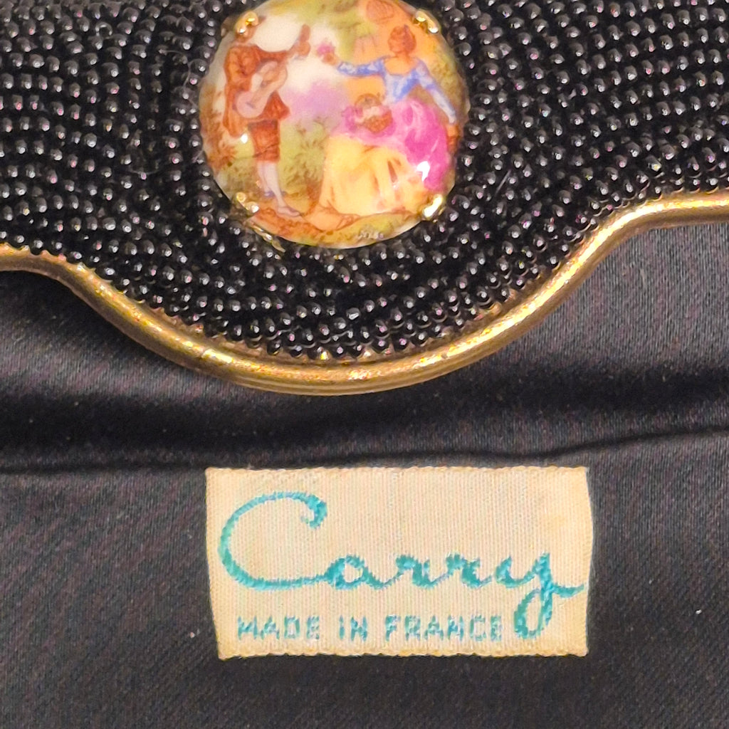 Vintage by Carry made in France Black Beaded Evening Bag gold courting clasp