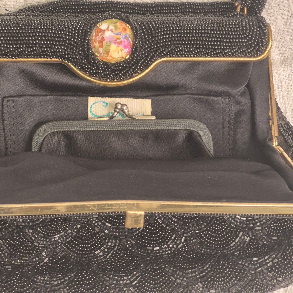 Vintage by Carry made in France Black Beaded Evening Bag gold courting clasp