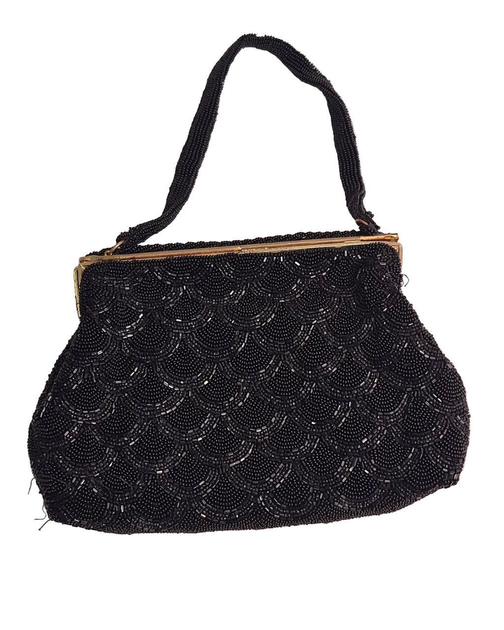 Vintage by Carry made in France Black Beaded Evening Bag gold courting clasp
