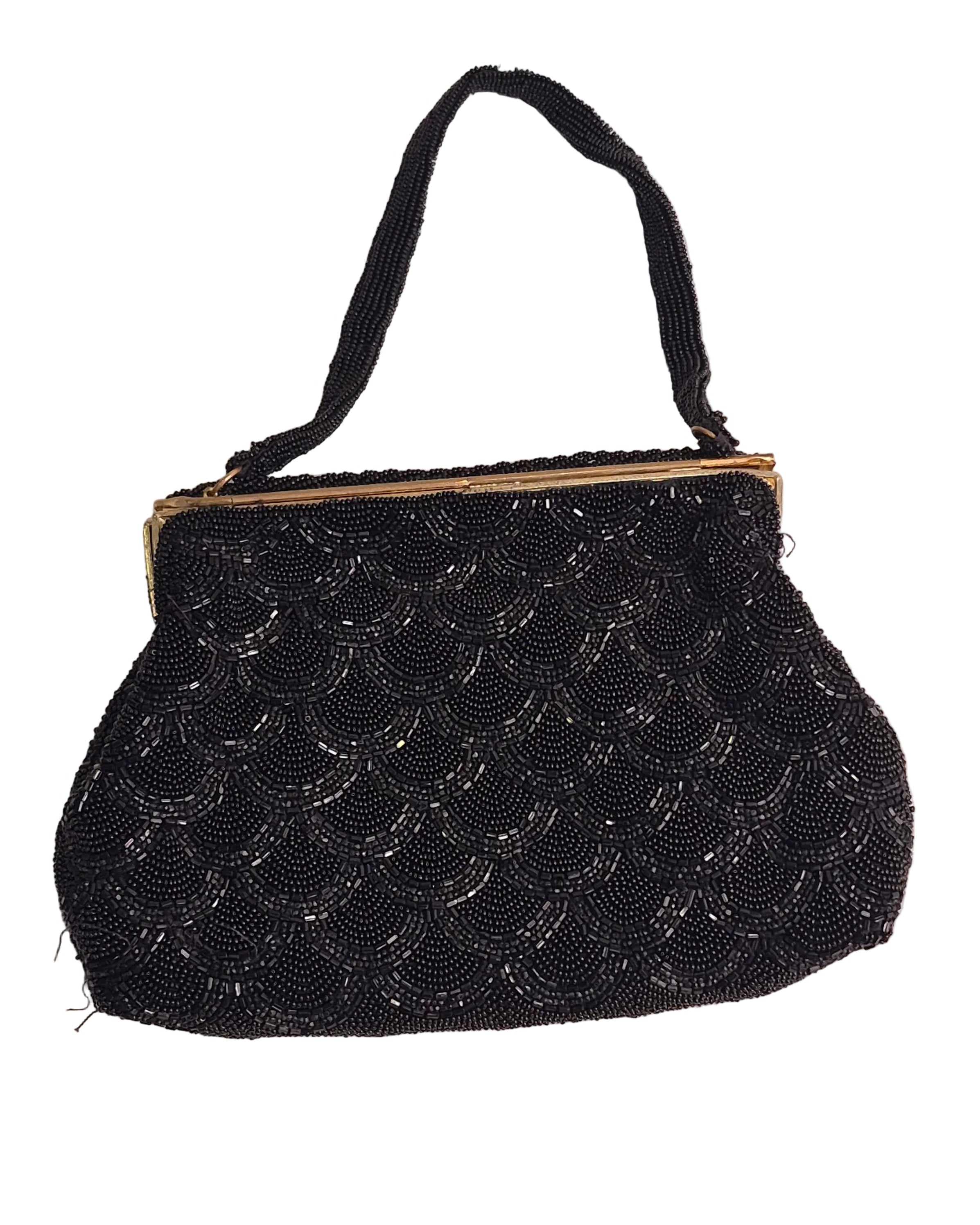 Vintage Carry France Black Beaded Evening Bag gold clasp