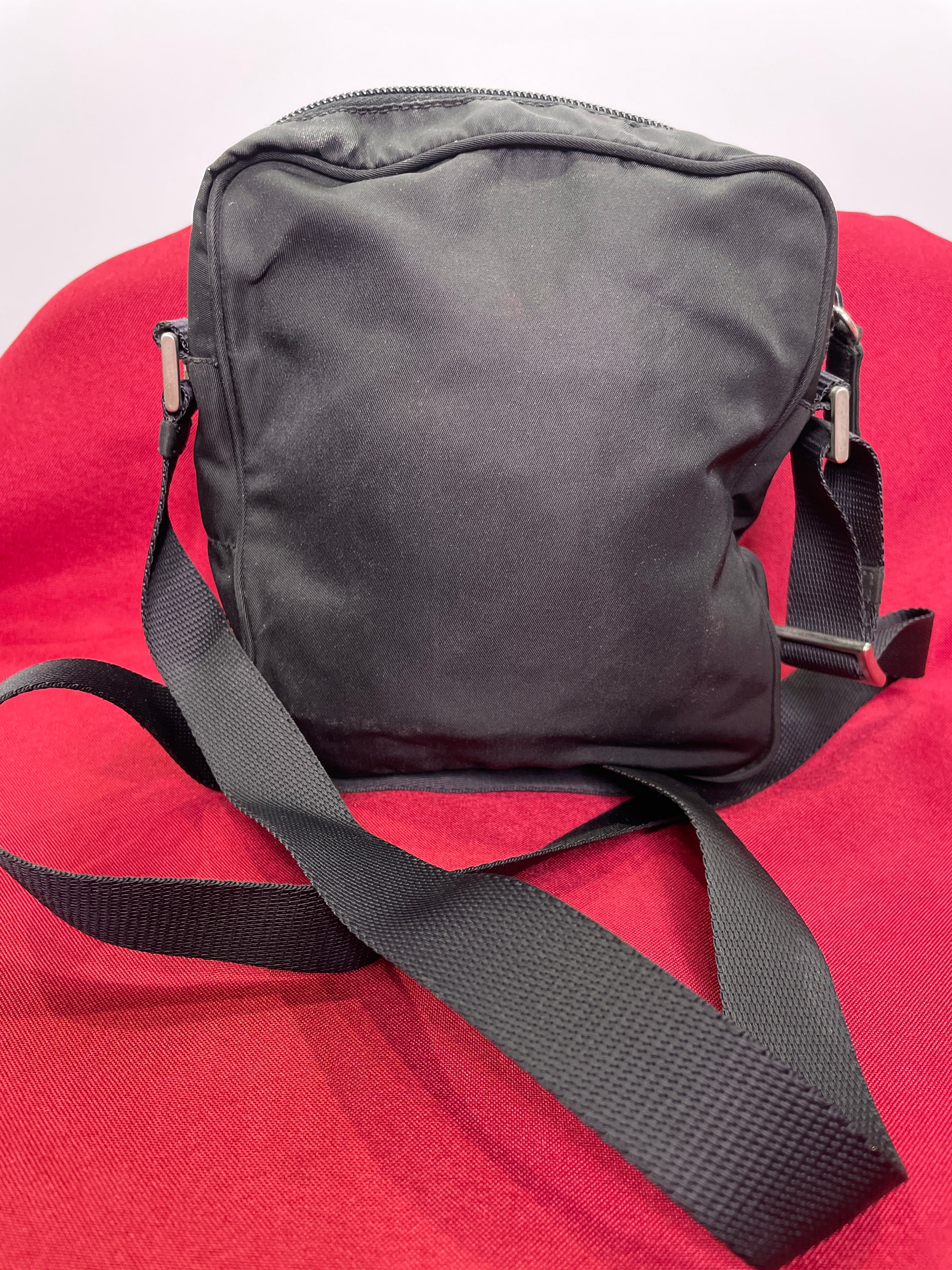 Vintage Prada Sport Messenger Bag — 7x7 Black Nylon Red Tab