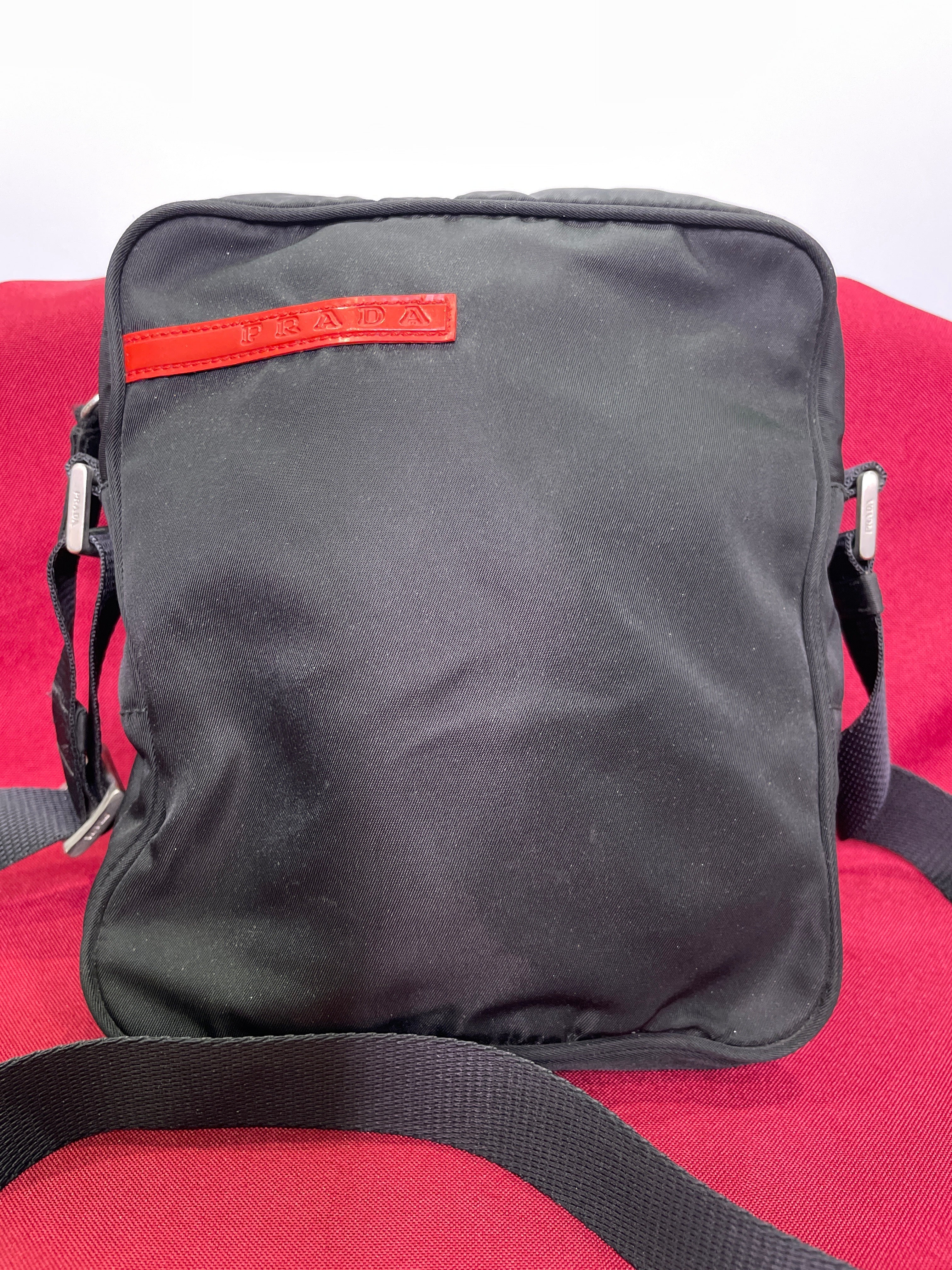 Vintage Prada Sport Messenger Bag — 7x7 Black Nylon Red Tab