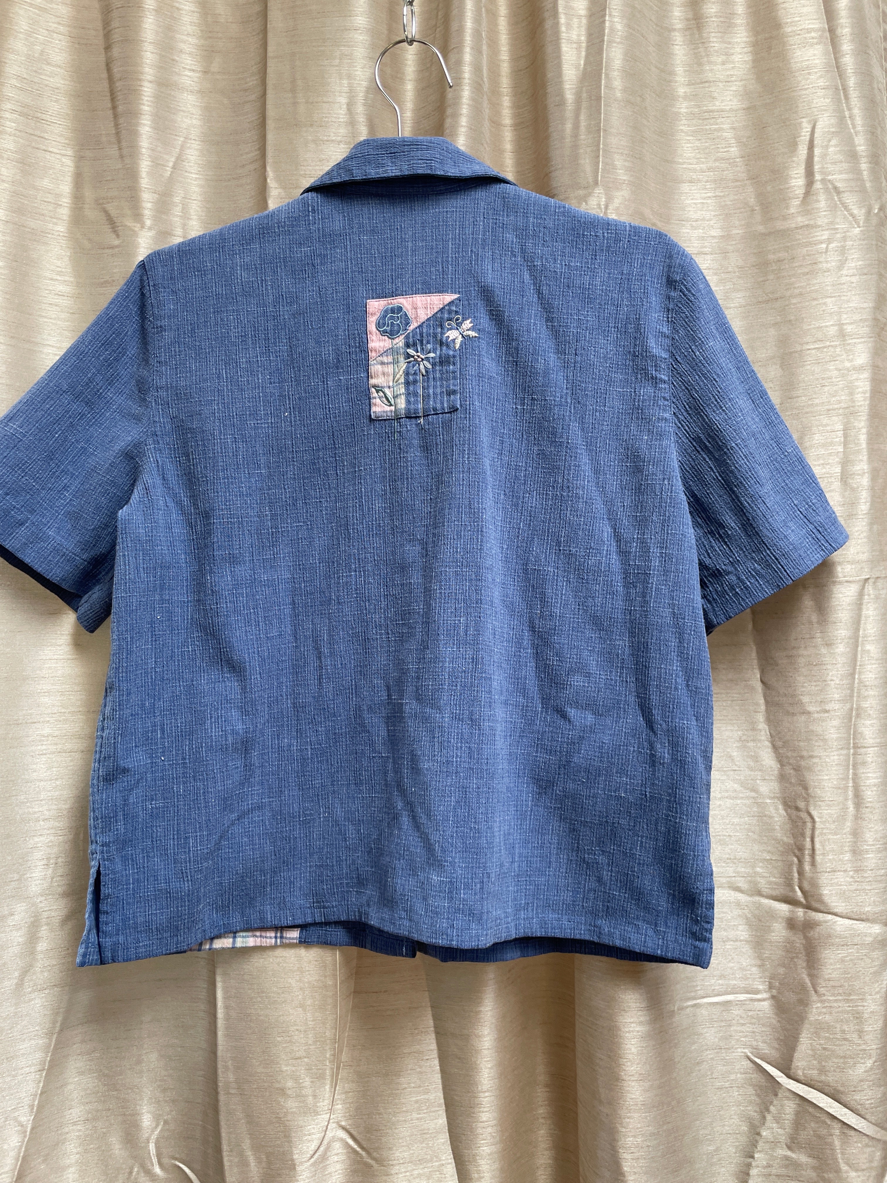 Vintage Koret City Blues Embroidered Denim Shirt - Butterfly Floral with Plaid Detail - Size Medium