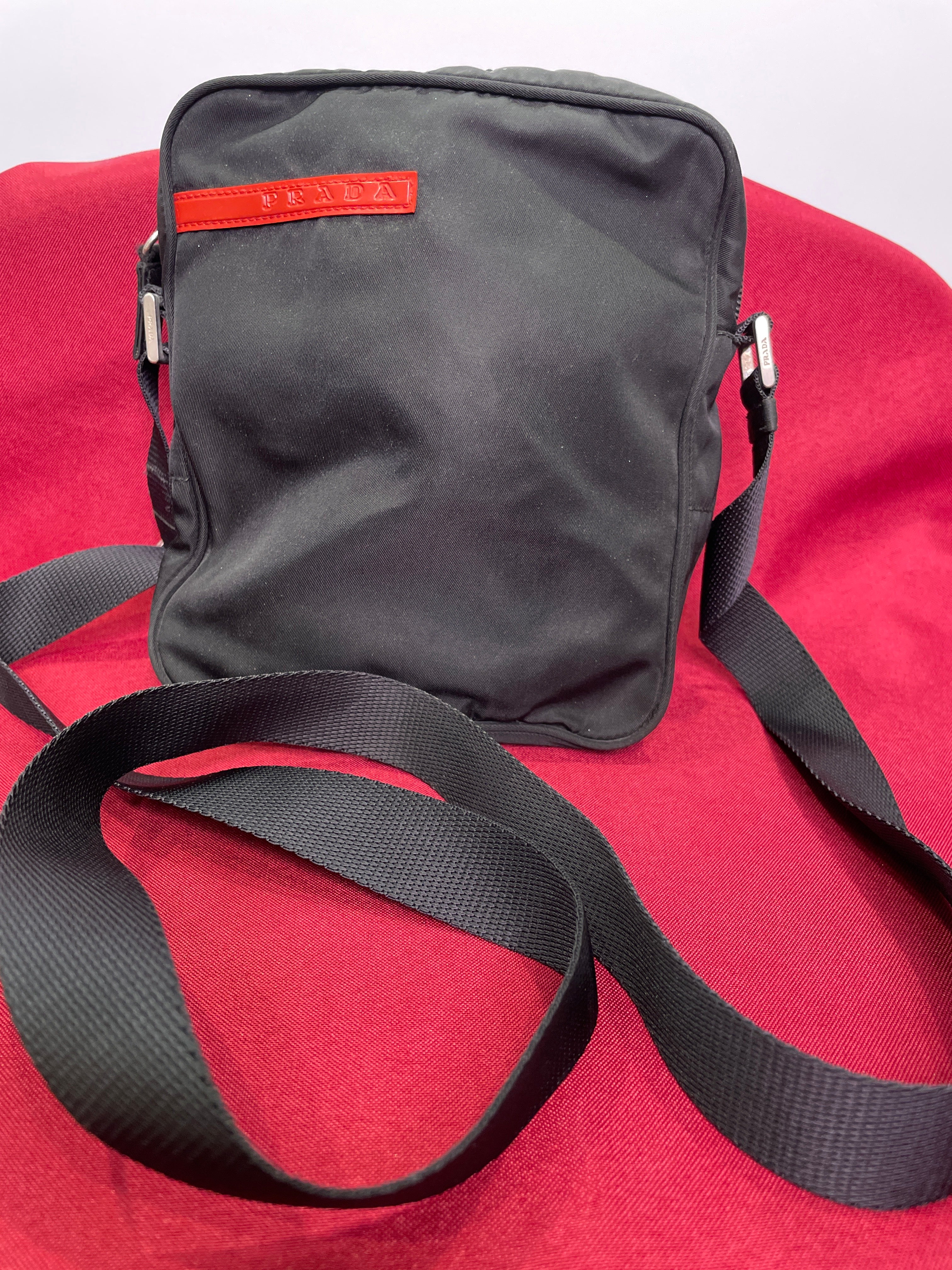 Vintage Prada Sport Messenger Bag — 7x7 Black Nylon Red Tab