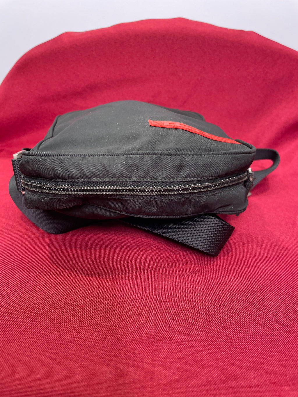 Vintage Prada Sport Messenger Bag — 7x7 Black Nylon Red Tab
