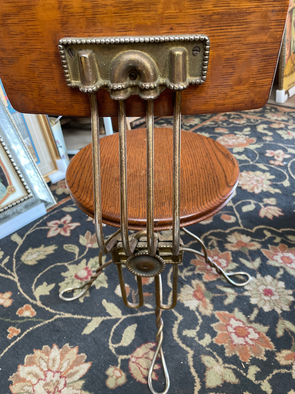 Circa 1890 Exquisite Art Nouveau Oak and Brass Rotating Piano Stool
