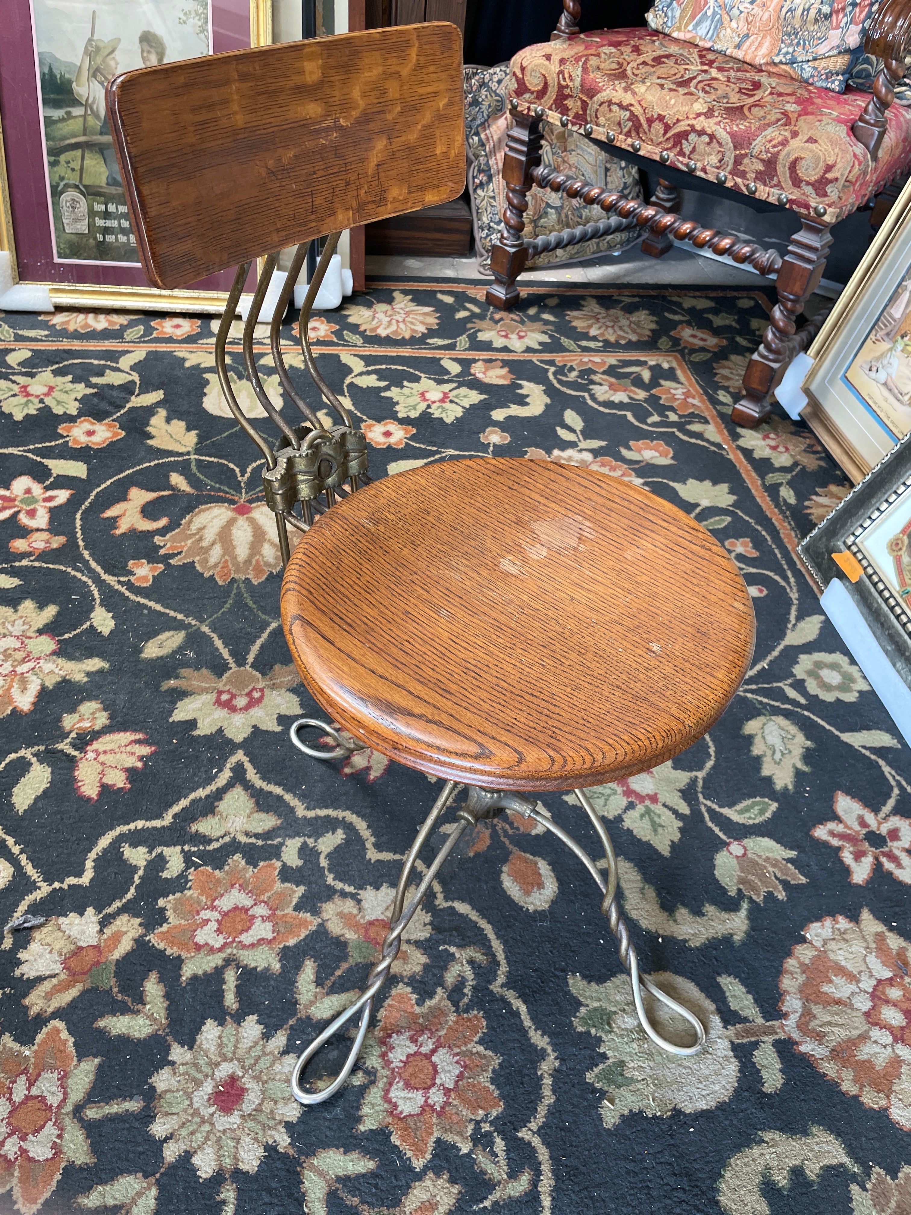 Circa 1890 Exquisite Art Nouveau Oak and Brass Rotating Piano Stool