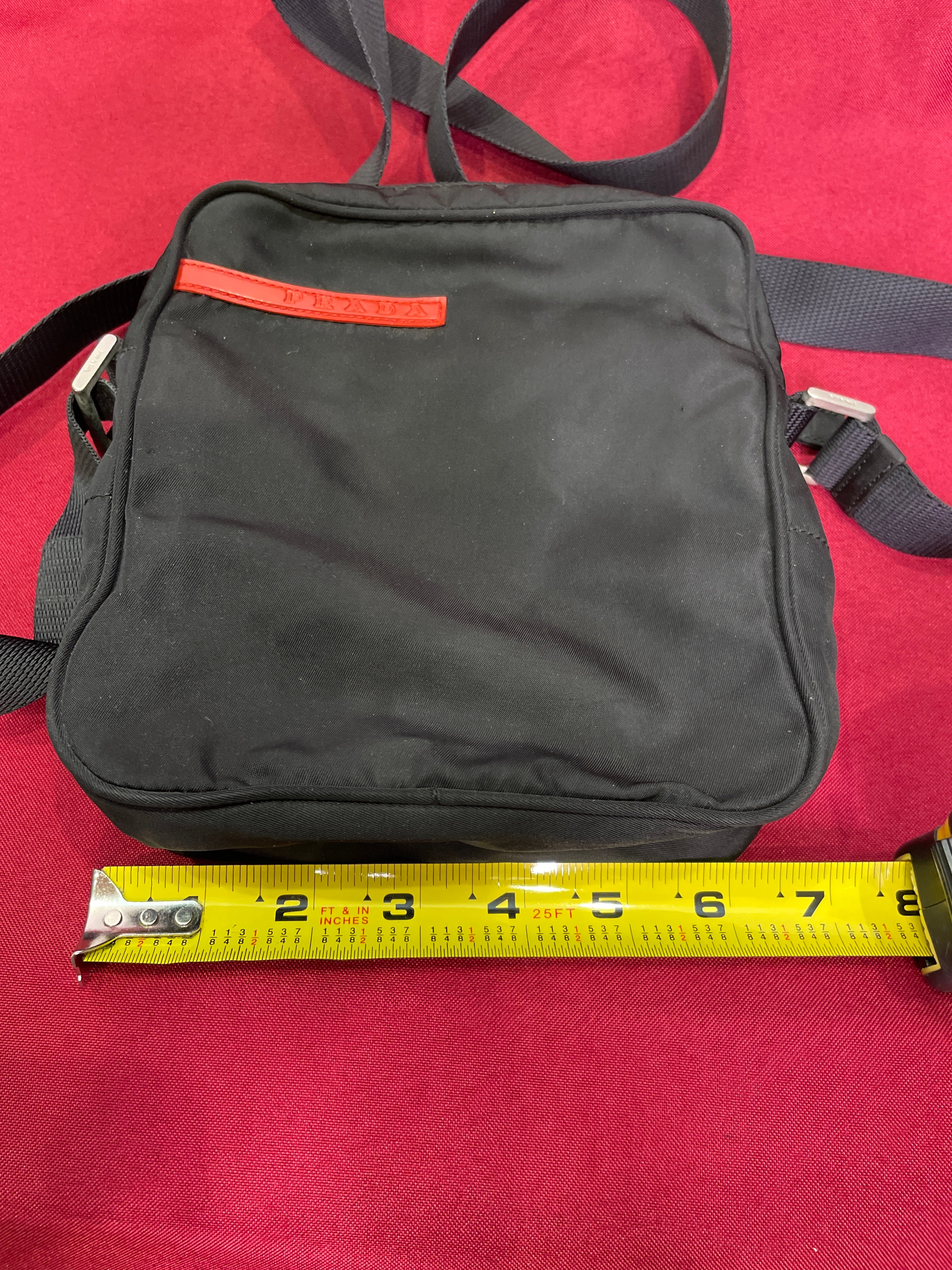 Vintage Prada Sport Messenger Bag — 7x7 Black Nylon Red Tab