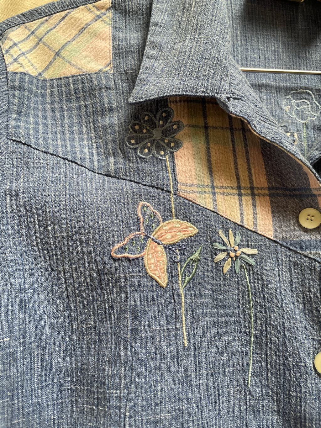 Vintage Koret City Blues Embroidered Denim Shirt - Butterfly Floral with Plaid Detail - Size Medium