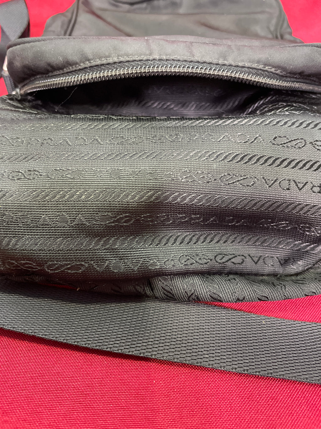 Vintage Prada Sport Messenger Bag — 7x7 Black Nylon Red Tab