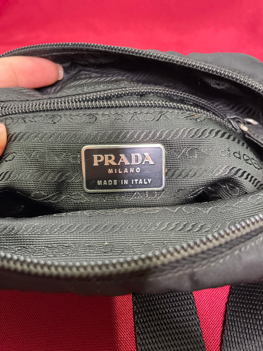 Vintage Prada Sport Messenger Bag — 7x7 Black Nylon Red Tab