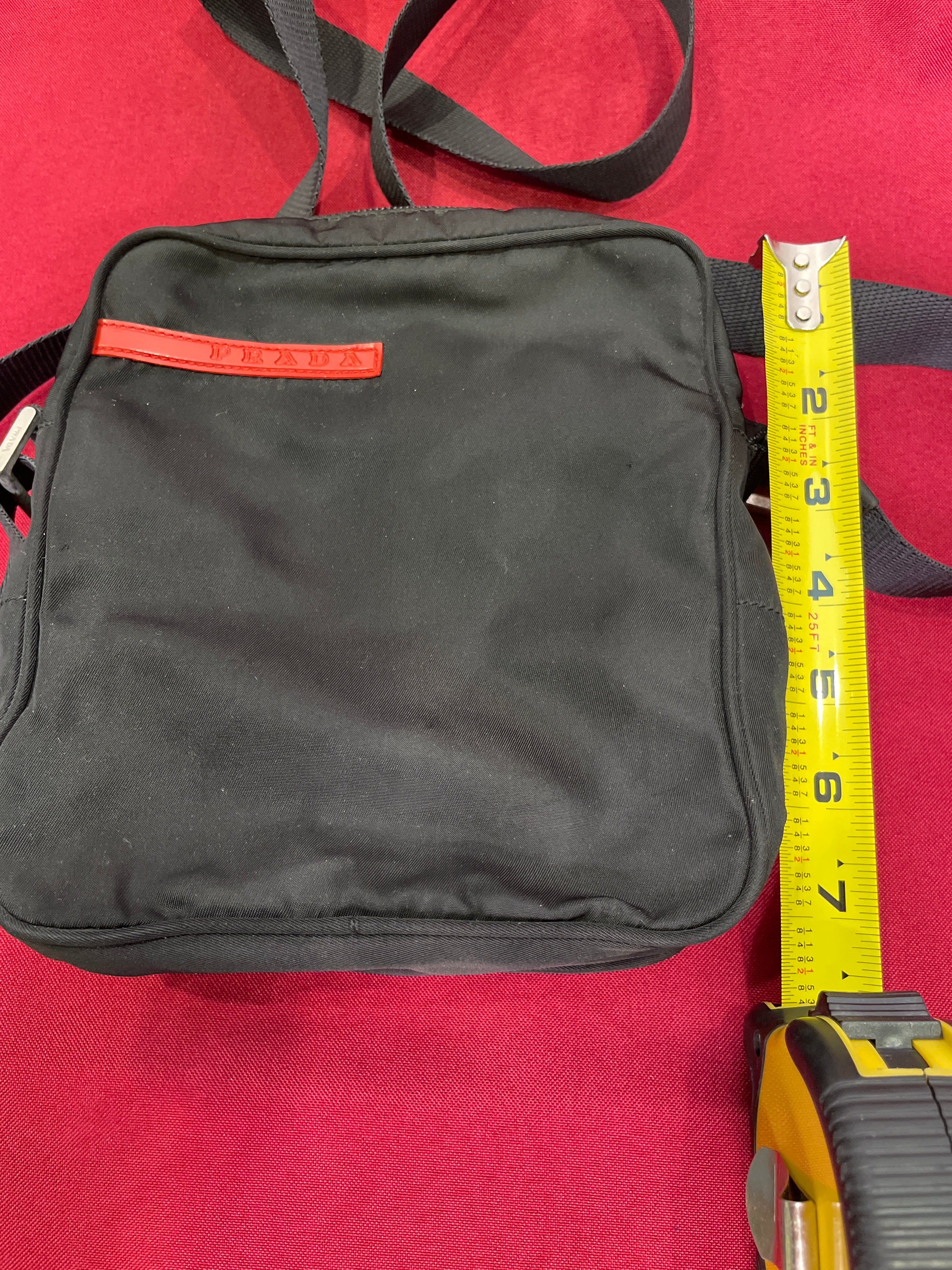 Vintage Prada Sport Messenger Bag — 7x7 Black Nylon Red Tab