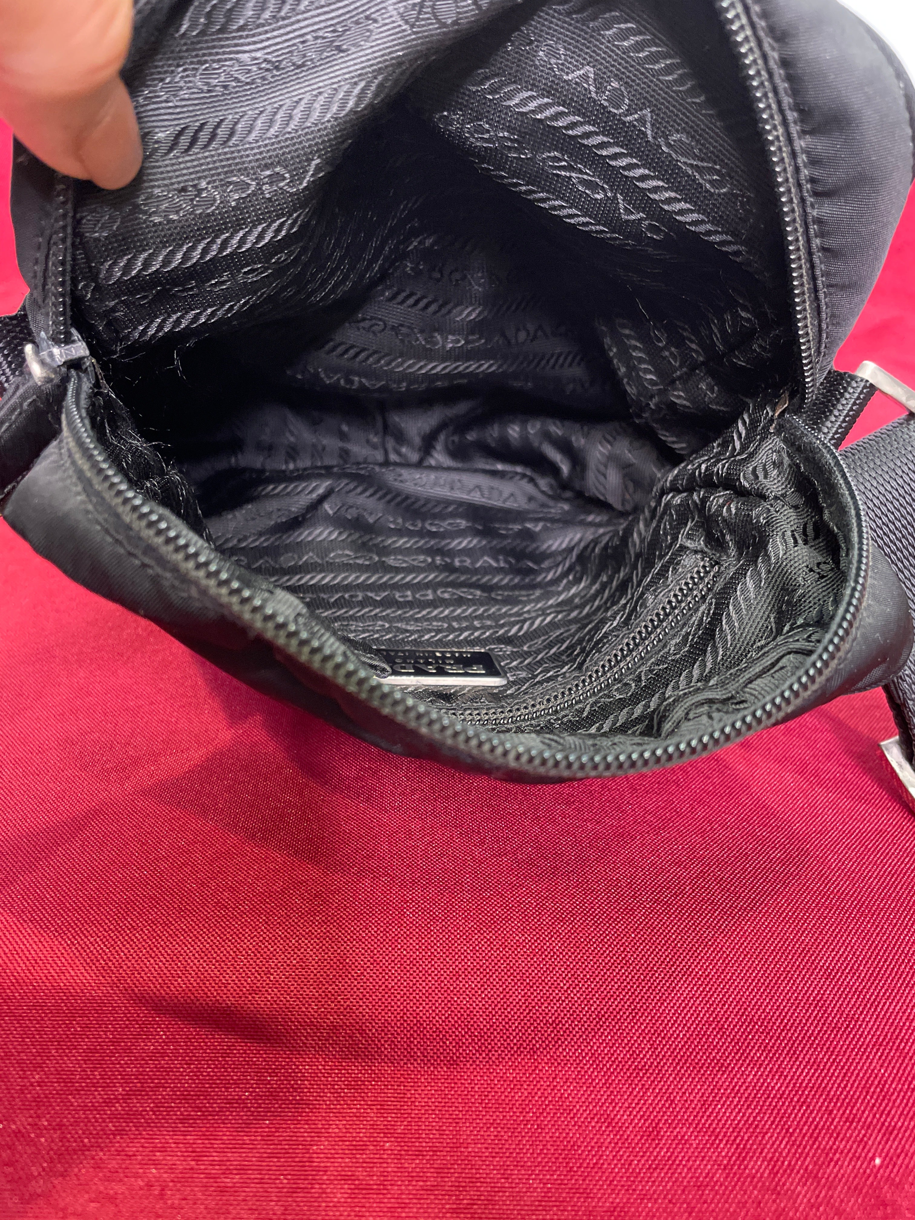 Vintage Prada Sport Messenger Bag — 7x7 Black Nylon Red Tab