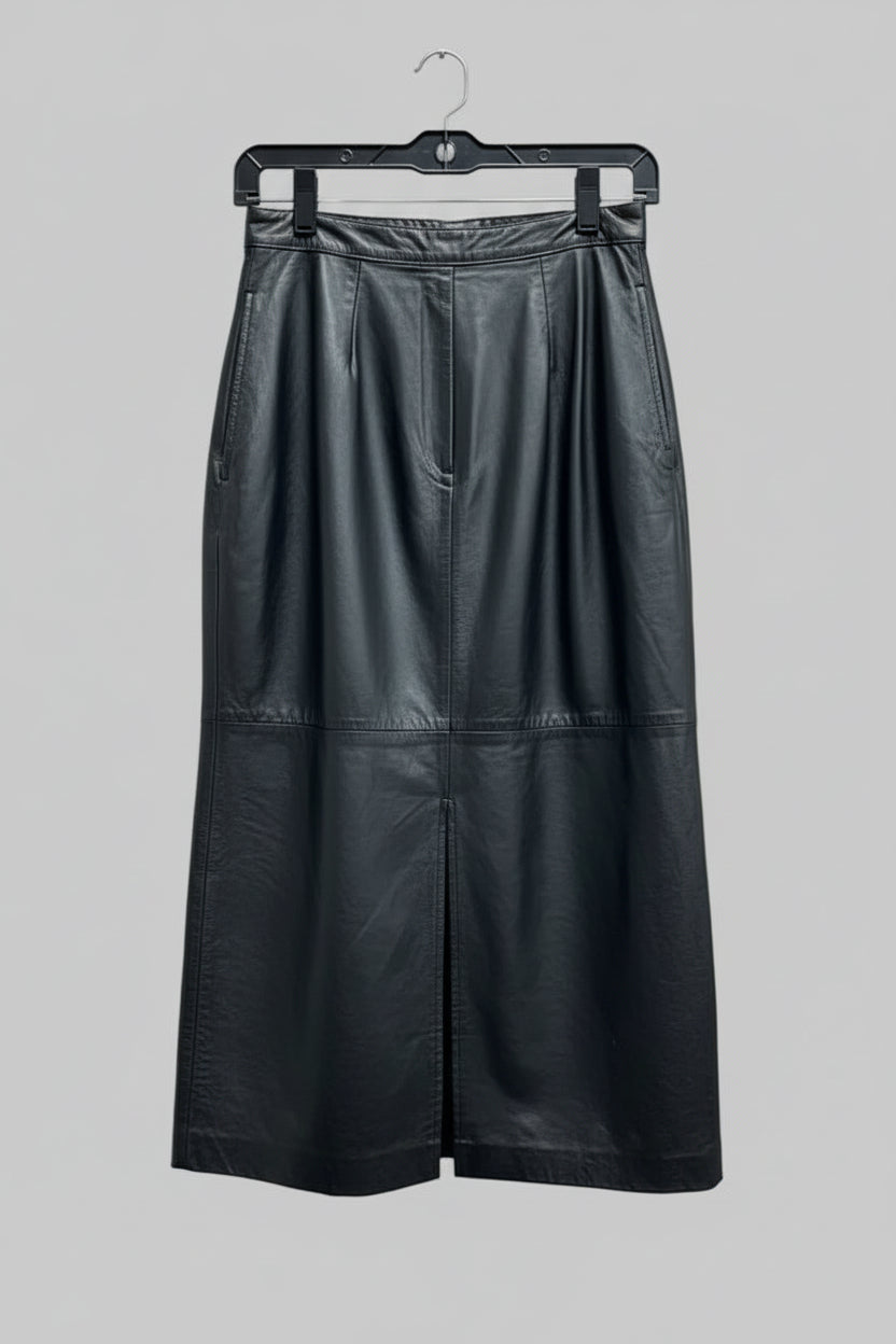 Vintage Genuine Leather Pencil Skirt - Size 8 Black mid calf