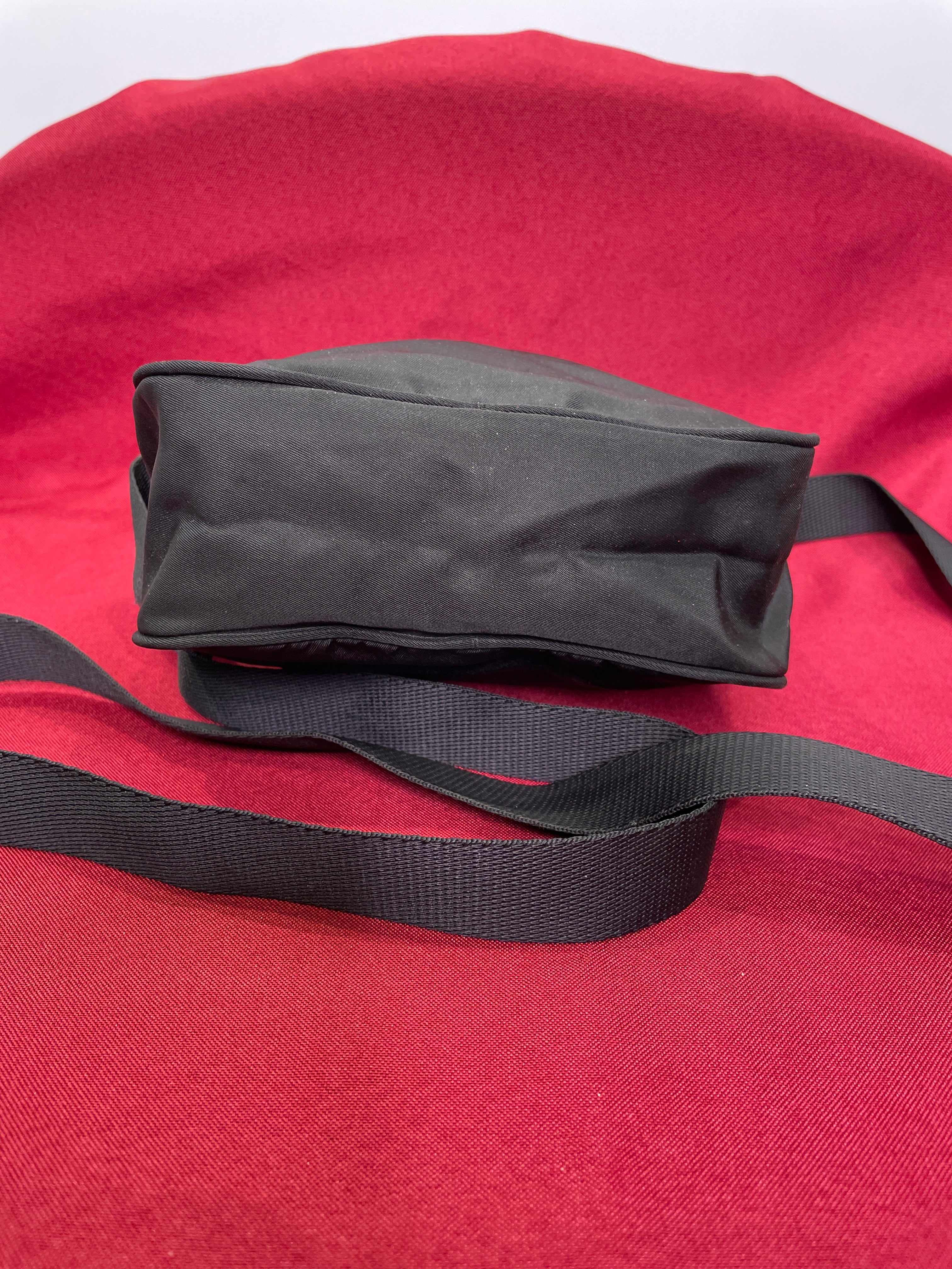 Vintage Prada Sport Messenger Bag — 7x7 Black Nylon Red Tab