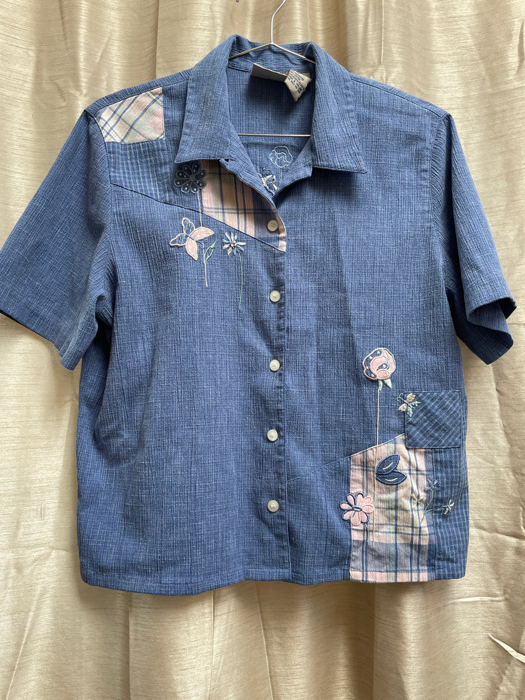 Vintage Koret City Blues Embroidered Denim Shirt - Butterfly Floral with Plaid Detail - Size Medium