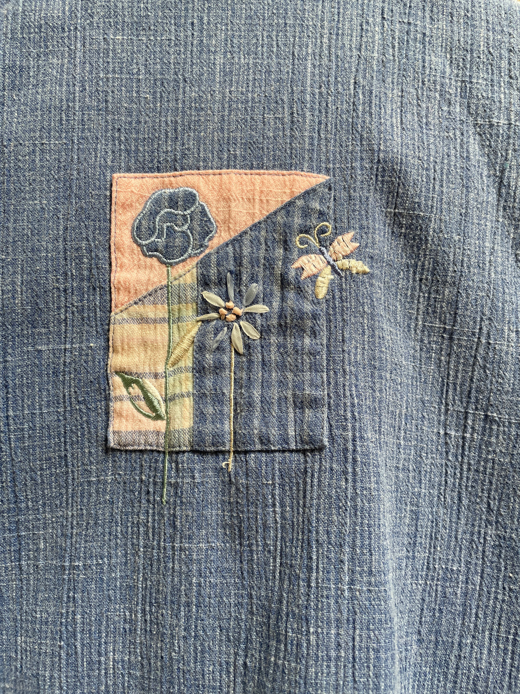 Vintage Koret City Blues Embroidered Denim Shirt - Butterfly Floral with Plaid Detail - Size Medium