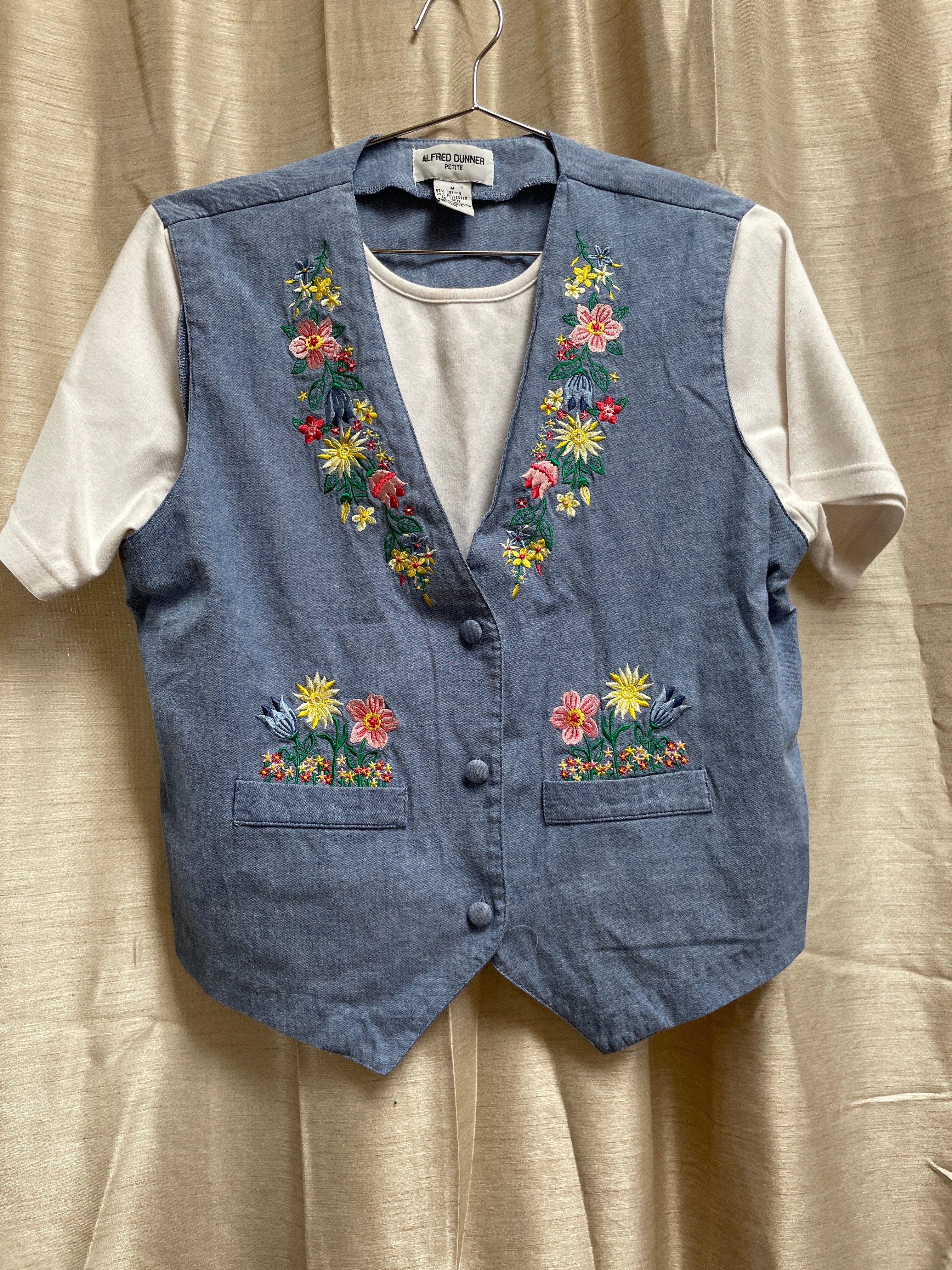 Vintage Alfred Dunner Embroidered Denim Vest with Attached Tee - Size Medium Petite