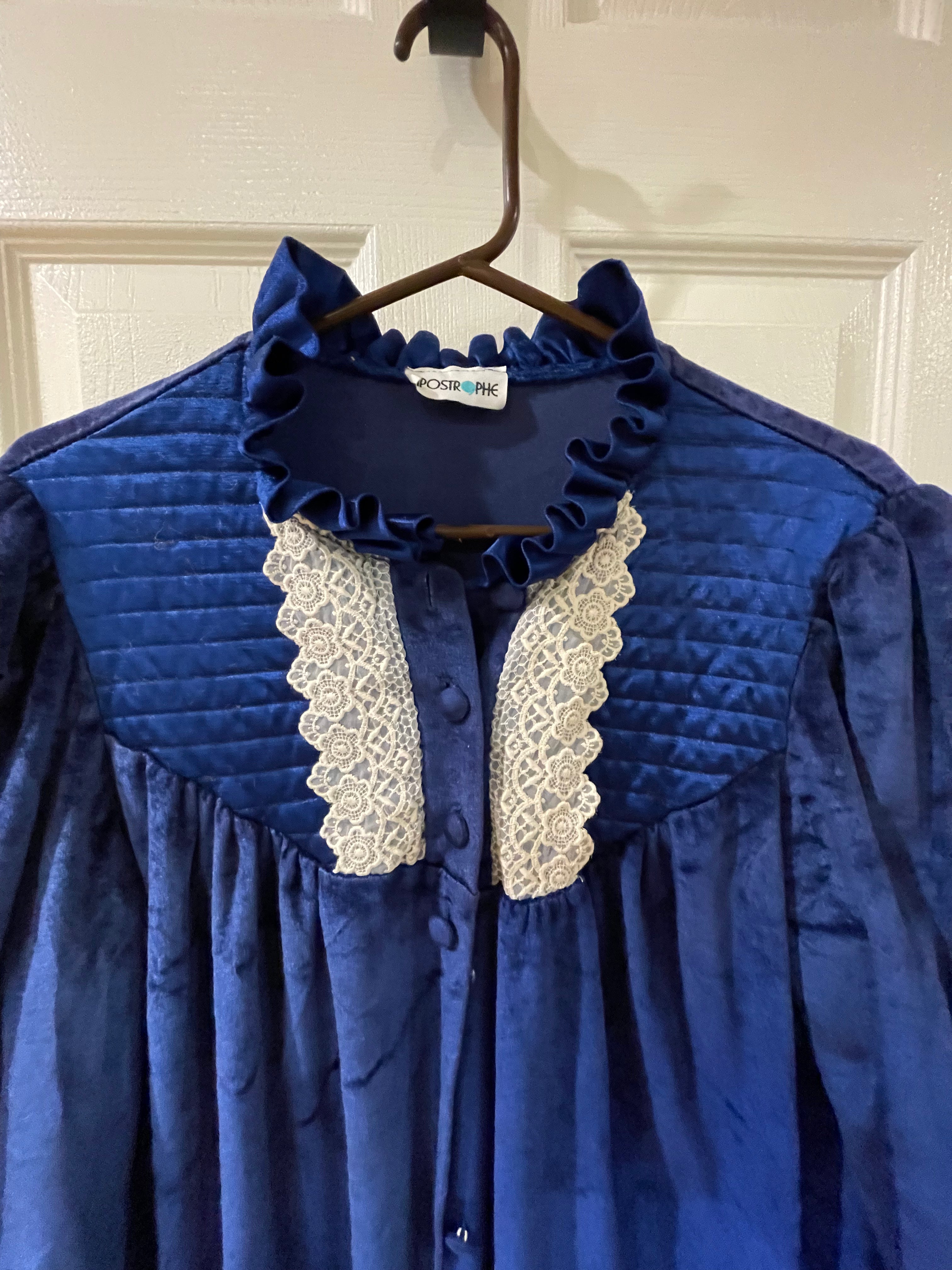 Vintage 1970s Apostrophe Nylon Sleep Robe Sz Large - Royal Blue Button front