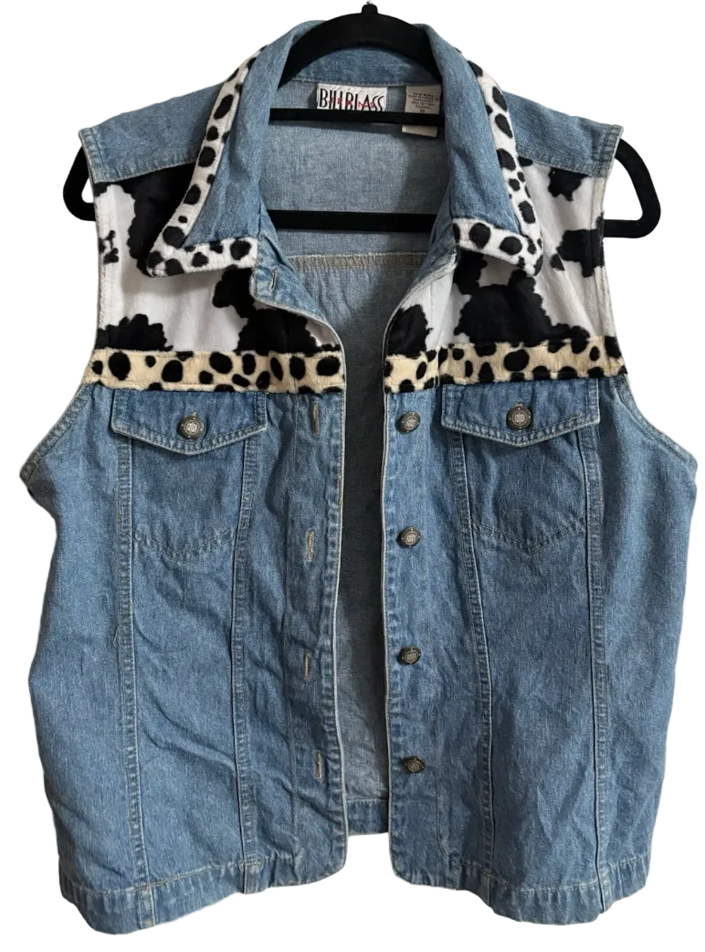 Bill Blass Vintage Denim Vest with Faux Fur Cow Design Detail Size Small